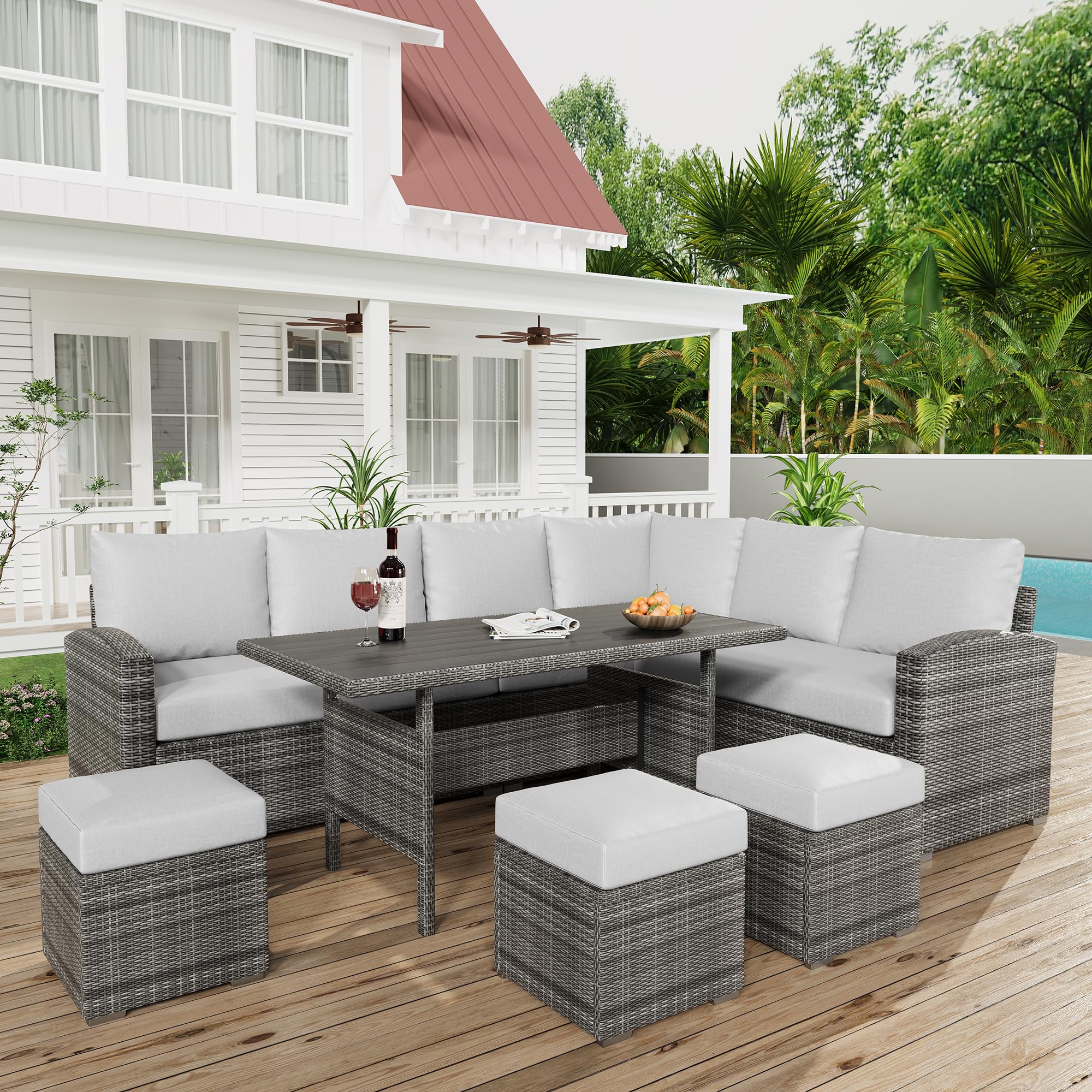 Diagram illustrating features of UV protection PE rattan, including water resistance, removable cushions, and anti-slip foot pads