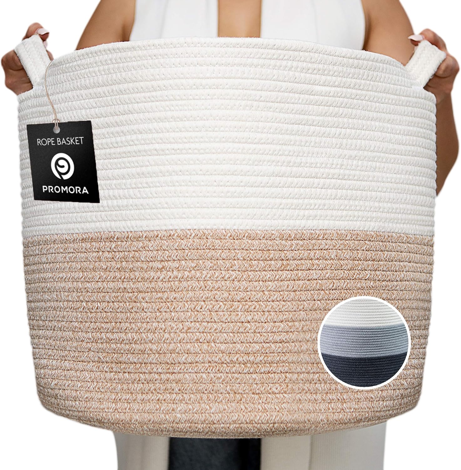 Promora Cotton Rope Storage Basket, Organizing Woven Storage Basket with Handles, Blanket Basket Living Room, Decorative Basket, Woven Baskets for Storage (White & Brown, 16" x 14")