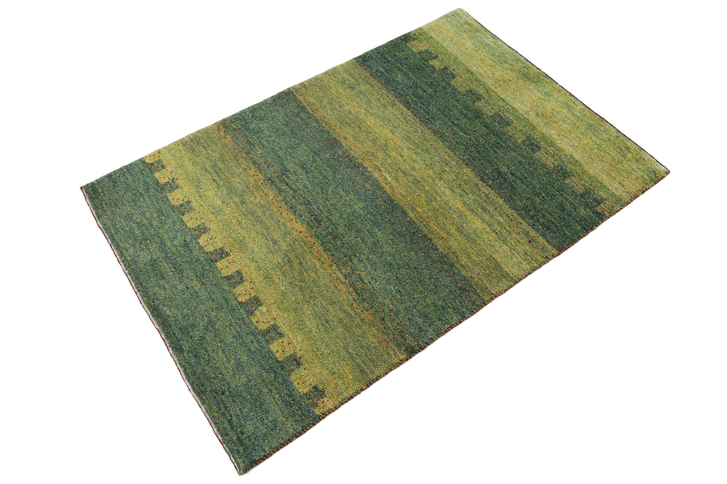 Ręcznie tkany dywan wełniany 100 x 150 cm – 100% naturalna wełna – dywan do salonu i przedpokoju – zielone paski, wytrzymały, nadaje się do ogrzewania podłogowego