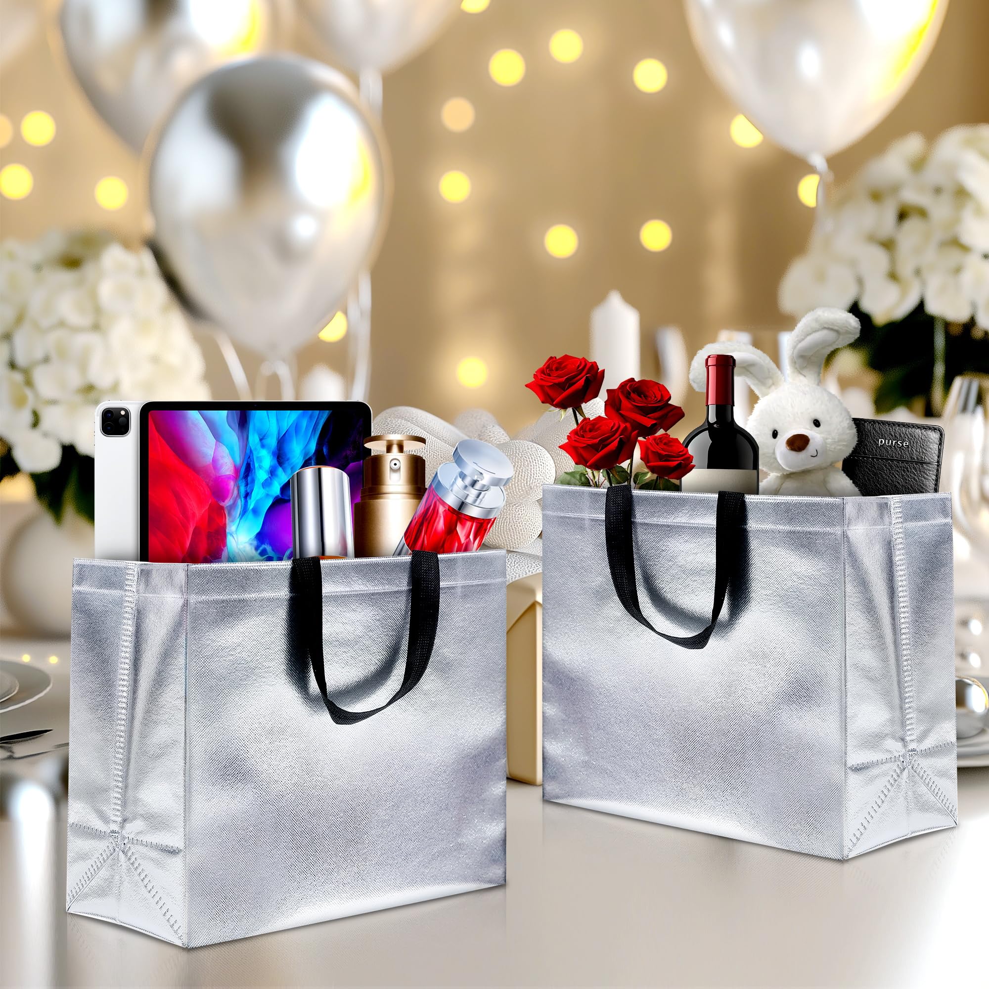 KeerxunBag 12Pcs Reusable Gift Bags（Includes Tissue Paper） Gift bag with handle Birthdays Parties Holidays Weddings Medium 13x5x11in Silver Gift Bags