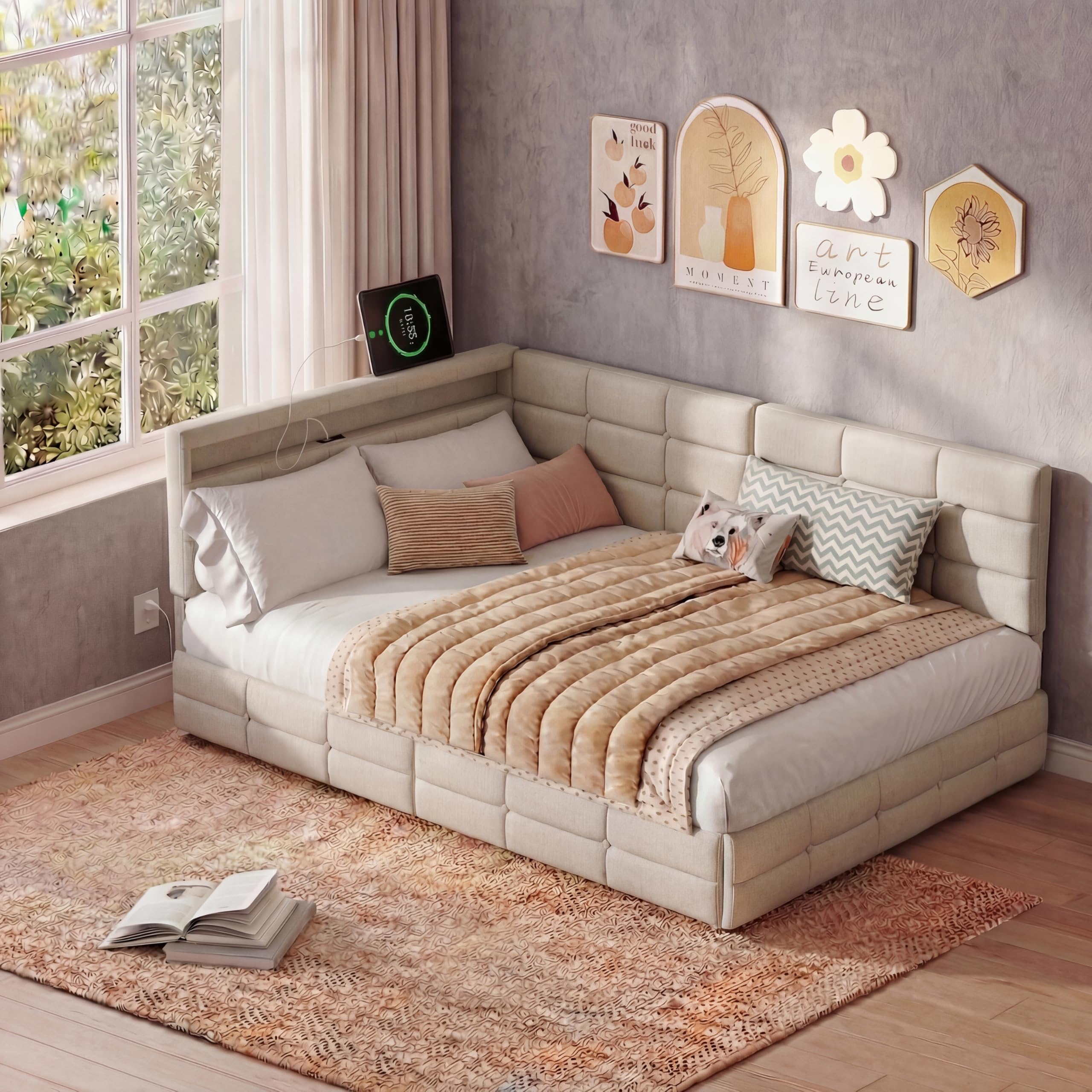 łóżko tapicerowane/sofa 140 x 190 cm, z oświetleniem LED i stacją ładowania USB, łóżko młodzieżowe/tapczan z miejscem do przechowywania i 2 szufladami, łóżko dla gości/rama łóżka ze stelażem