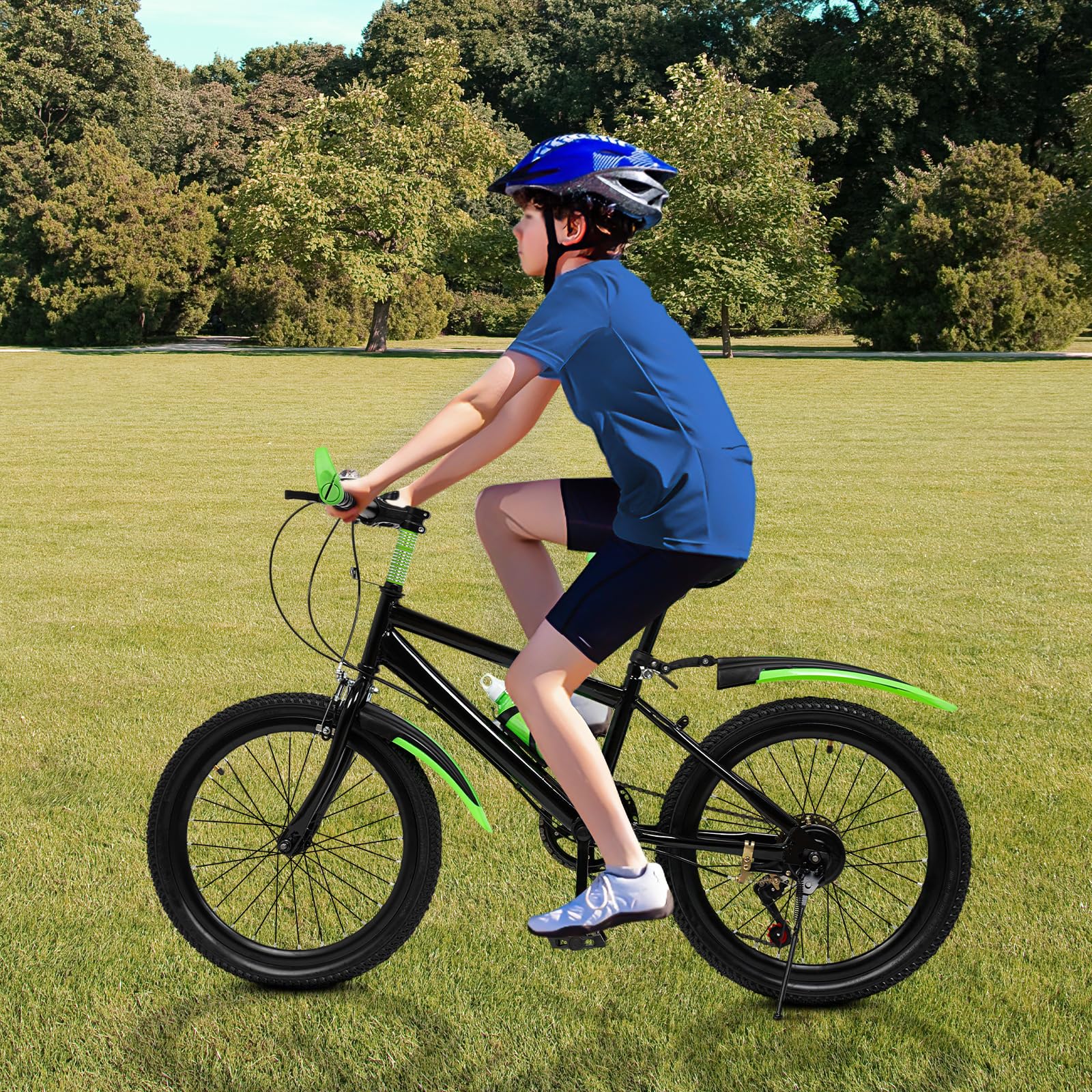 Mountain bike, bicicletta da 20 pollici, da uomo, con telaio in acciaio, sella in poliuretano, parafanghi, cambio sportivo, outdoor, strada, montagna, di alta qualità, stabile, verde