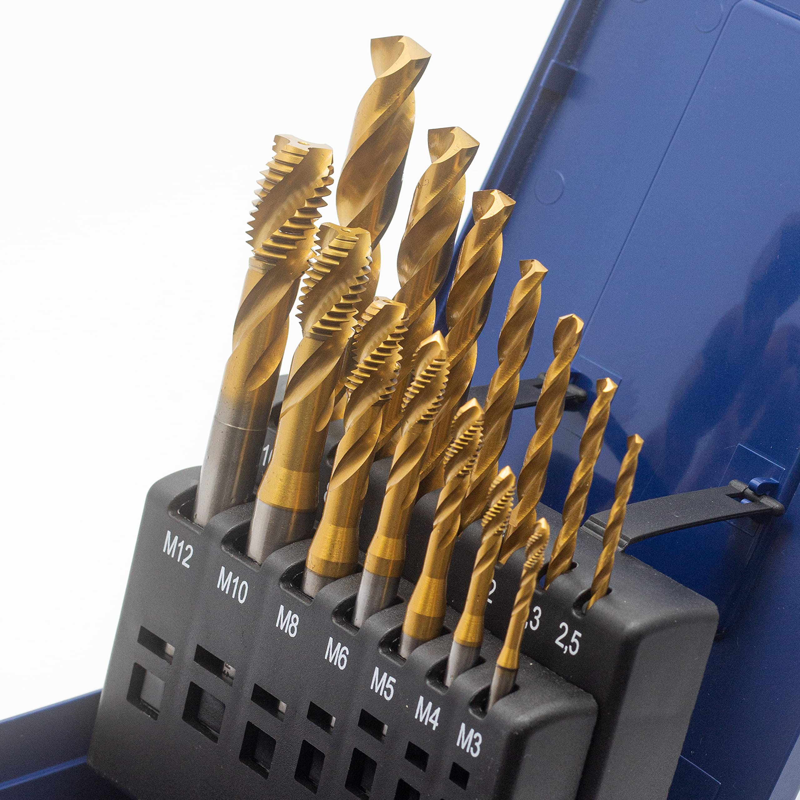 Lot de 14 tarauds pour machine à trou borgne M3, M4, M5, M6, M8, M10, M12 HSSE-Co5 dans une boîte en plastique TiN