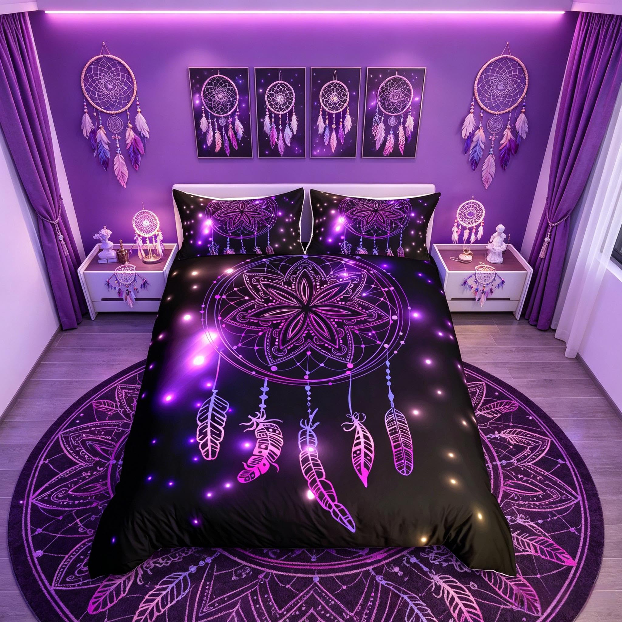 Loussiesd Purple Galaxy Bedding Single Dream Catcher Duvet Cover Set Soft Microfiber Romantic Starry Sky Comforter Quilt Cover Dreamcatcher Bedroom Bedding Collections 2 Pieces with 1 Pillowcases — image 1