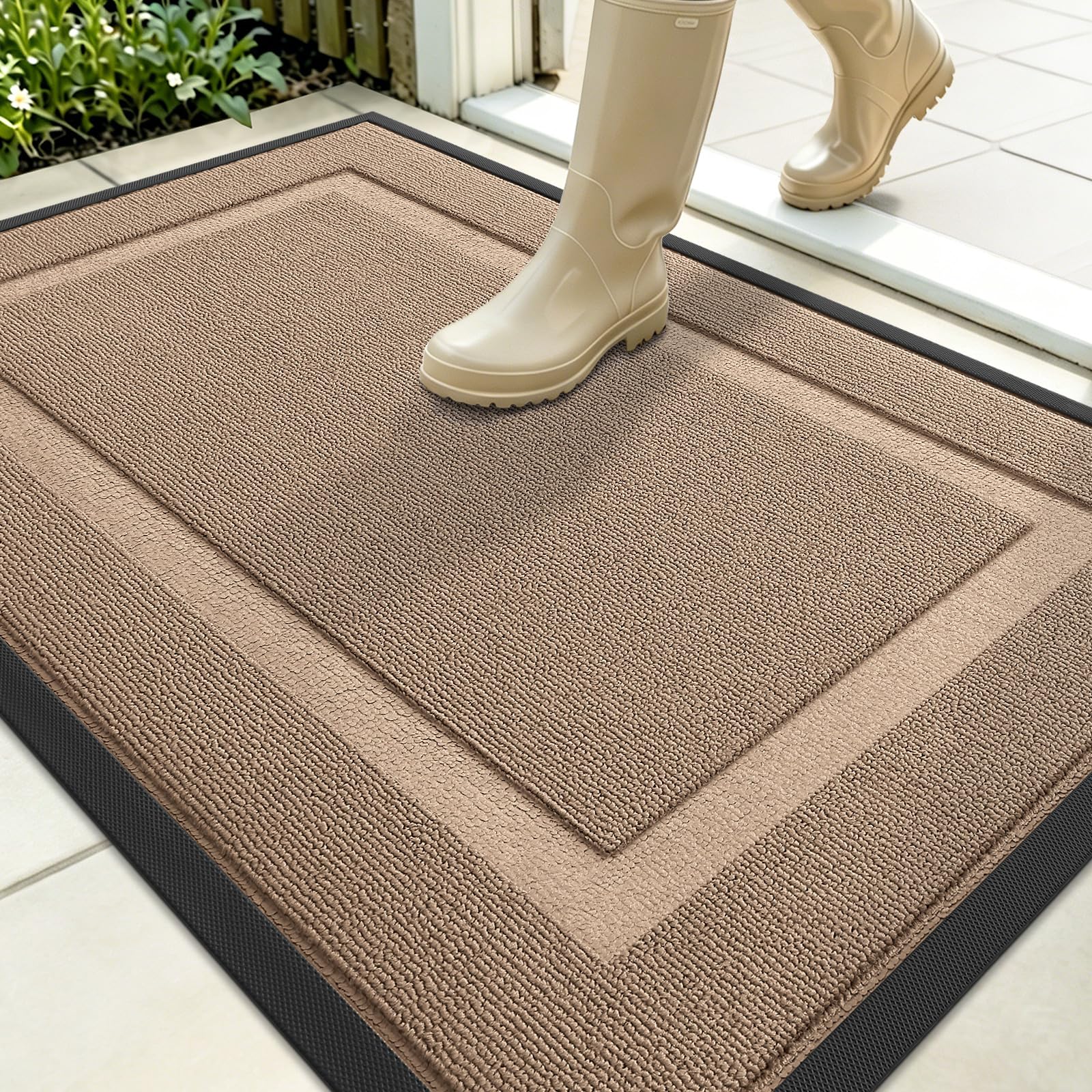 OLANLY Front Door Mat Outside 35x23, All-Season Heavy-Duty Rubber Doormat | Mocha, Absorbent, Stain and Fade Resistant, Waterproof Non-Slip Backing, Low-Profile Indoor Outdoor Floor Mat for Entryway