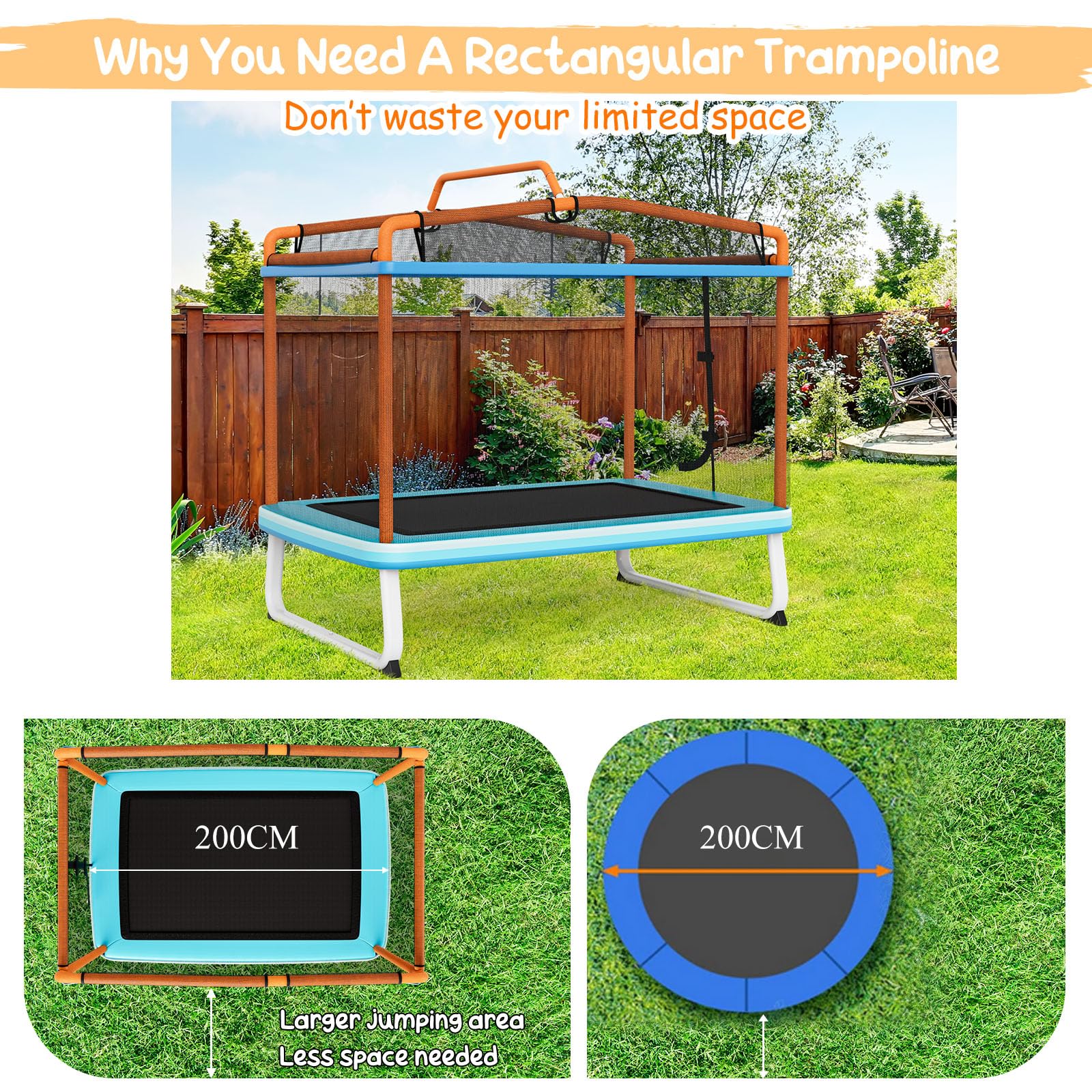 LIFEZEAL Trampolina dziecięca 3 w 1, ze zdejmowaną huśtawką i drążkiem, prostokątna trampolina ogrodowa, dla dzieci, 190 x 124 x 222 cm, do użytku na zewnątrz i wewnątrz