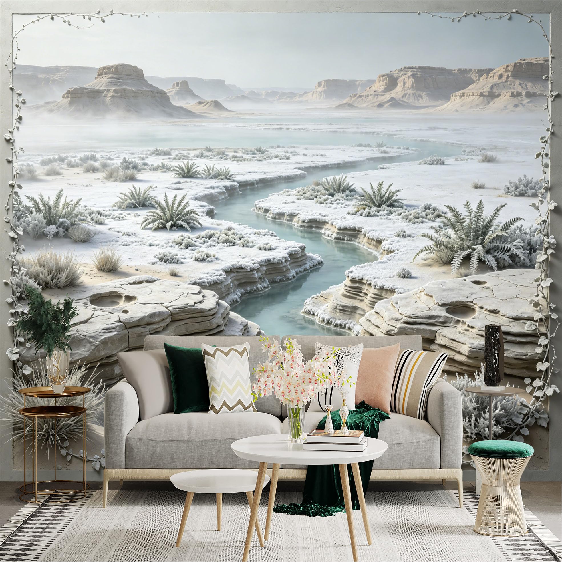 Custom Size Wall Sticker Mural， Frosted Desert Canyon with River and Dunes Landscape， for wall Decoration， peelandstick wall Decals.