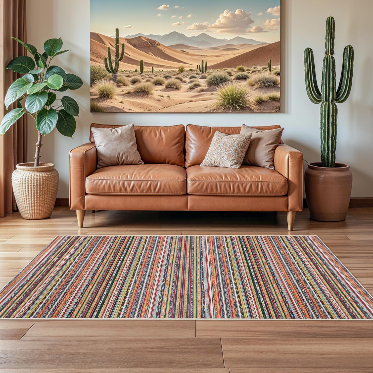 HILORUUG 4x8 Rug Washable Indoor: Non-Slip Southwestern Striped Carpet for Kitchen Hallway Entry - Farmhouse Low Pile Stain Resistant Long Thin Front Door Mat 4x8 Red/Blue/Multi