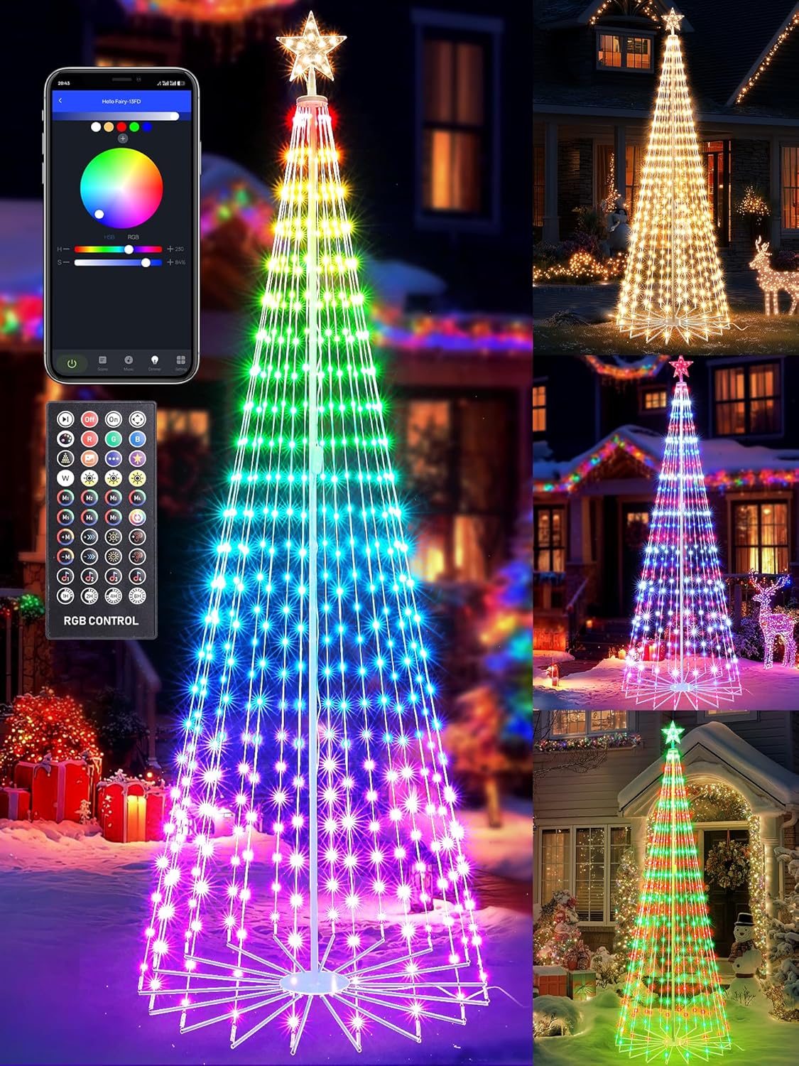 Flacchi 9.8FT Smart Christmas Tree Lights - Star Tree Topper with Removable Bracket, App Control, Sync with Music, Waterfall Colored Lights for Indoor Outdoor Xmas Decorations (9.8FT/ Rope Lights) 9.8FT/Rope Lights