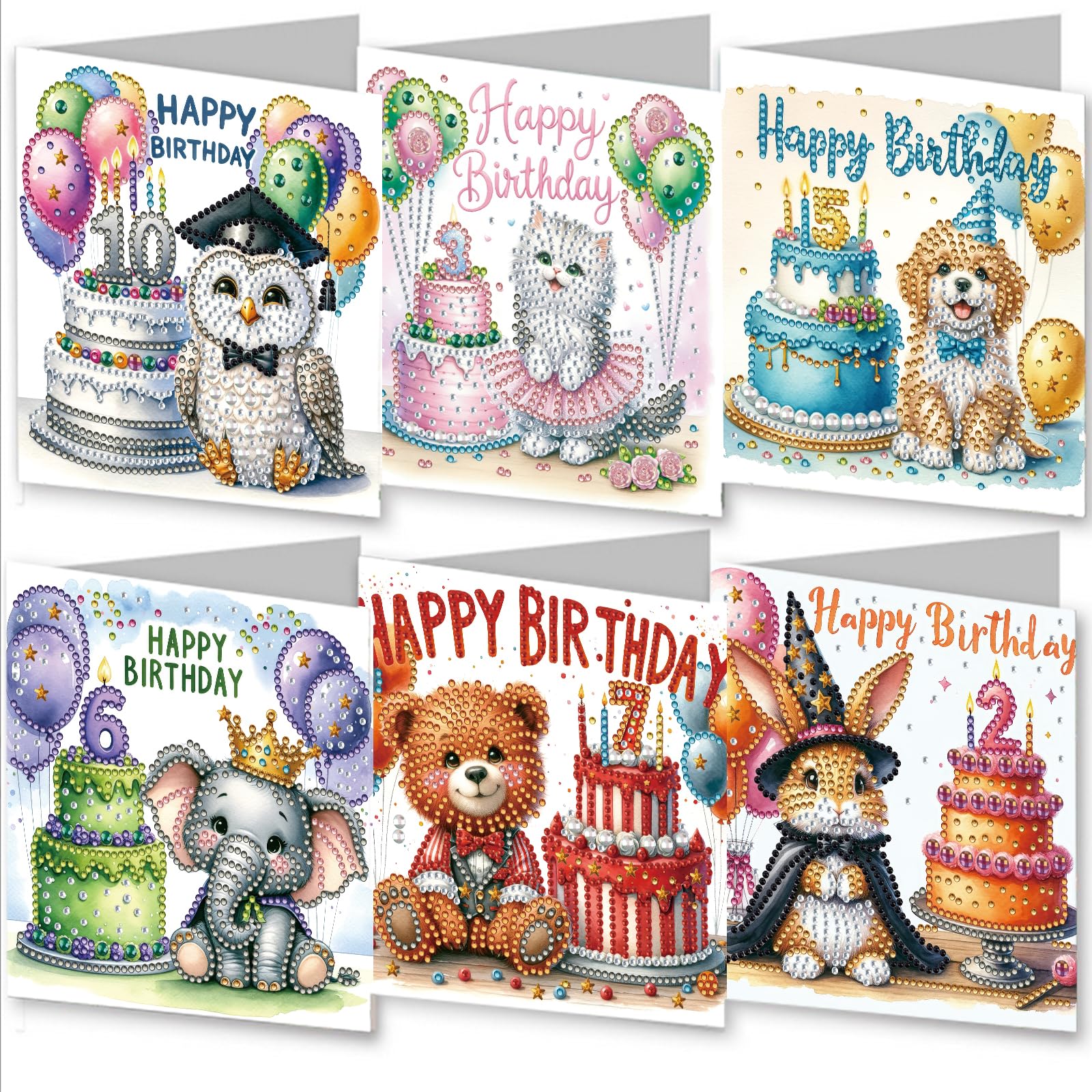 AYUCHYN ART 6 Pack Happy Birthday Mixed Greeting Cards Animal | 5D DIY Diamond Painting Crystal Art Cards Making Kit with Envelopes & Full Tools | Xmas Cards Gift Postcards for Handmade 30*15cm (Cake)