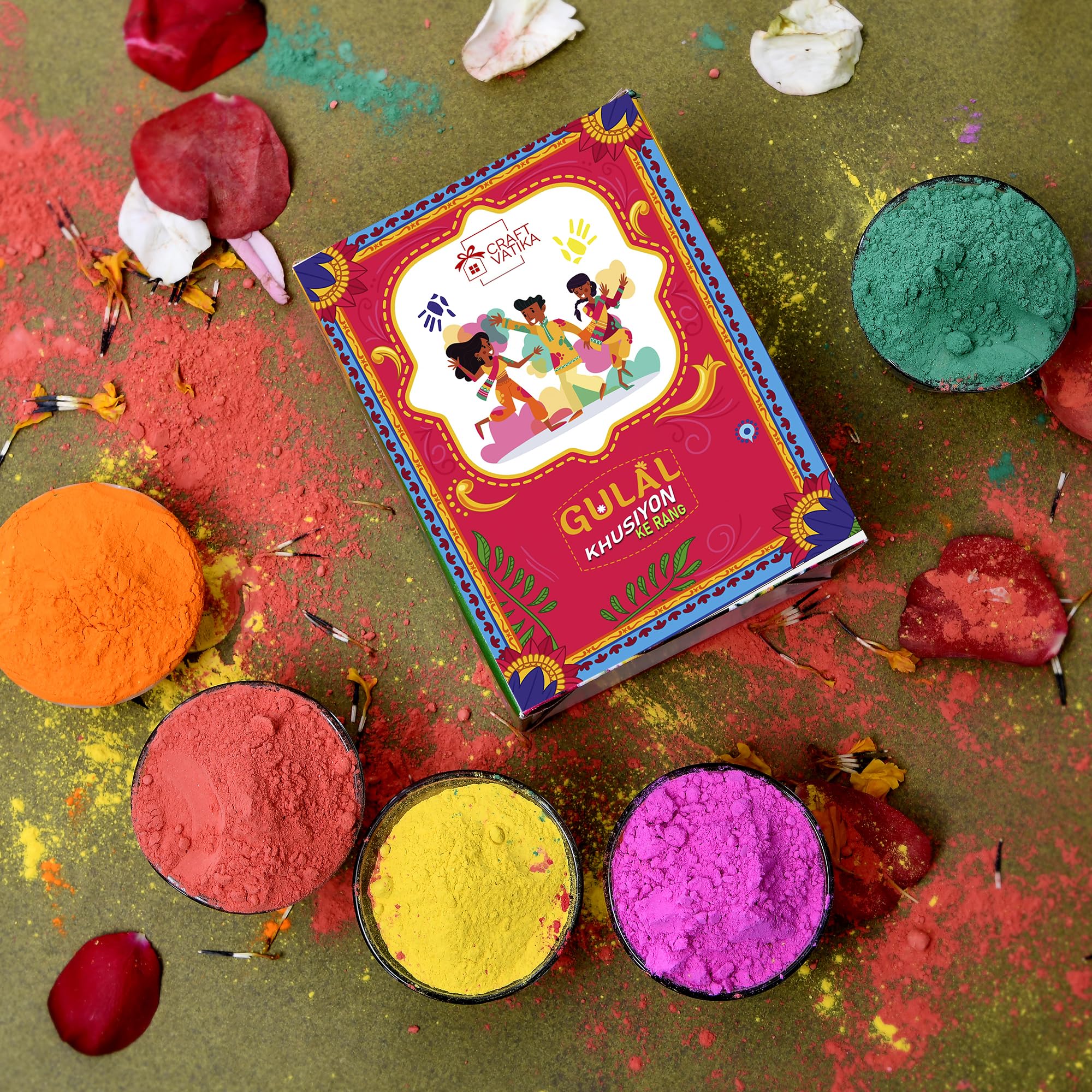 CraftVatika Holi Colours Pack of 5 Organic Holi Gulal Rang | 400 Gram Certified Holi Colors Gift Box |- Herbal Organic Holi Rang for Kids Family Men Women for Holi Festival Rang Panchami