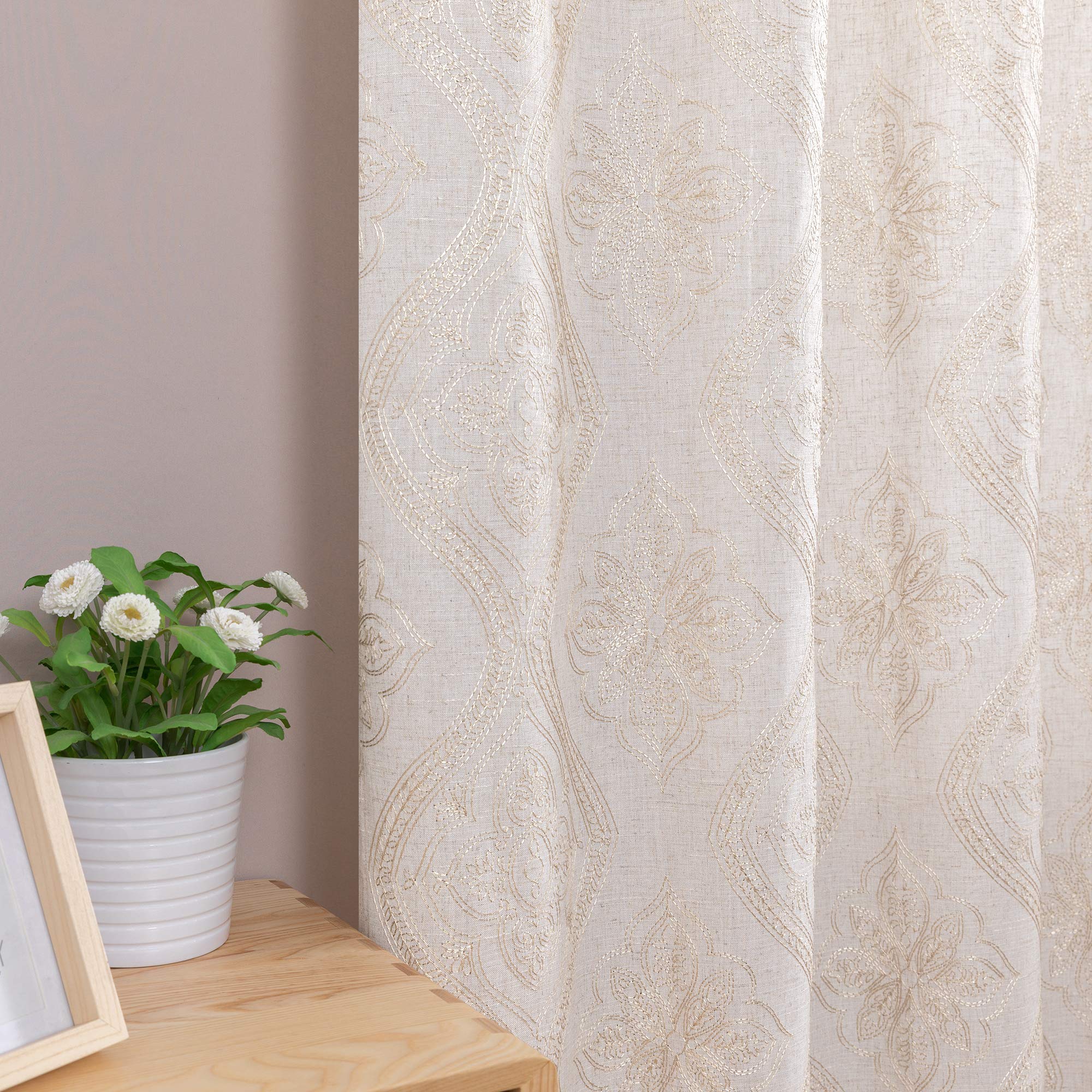 Linen Textured Curtains for Living Room Embroidered Design Window Curtains Privacy Flax Linen Look Window Treatment Set for Bedroom Grommet Top 2 Panels 84" Beige