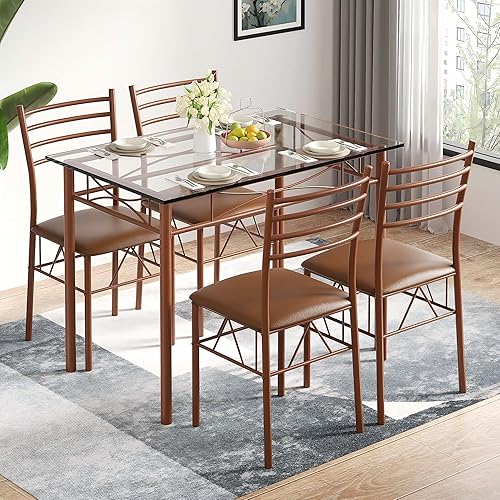VECELO 5-Piece Kitchen Dining Table Set, Glasses Tabletop & Heavy-Duty Metel Frame, Rectangle Dinette with 4 Chairs for Small Space, Breakfast Nook, Glasses & Brown