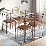 VECELO 5-Piece Kitchen Dining Table Set, Glasses Tabletop & Heavy-Duty Metel Frame, Rectangle Dinette with 4 Chairs for Small Space, Breakfast Nook, Glasses & Brown