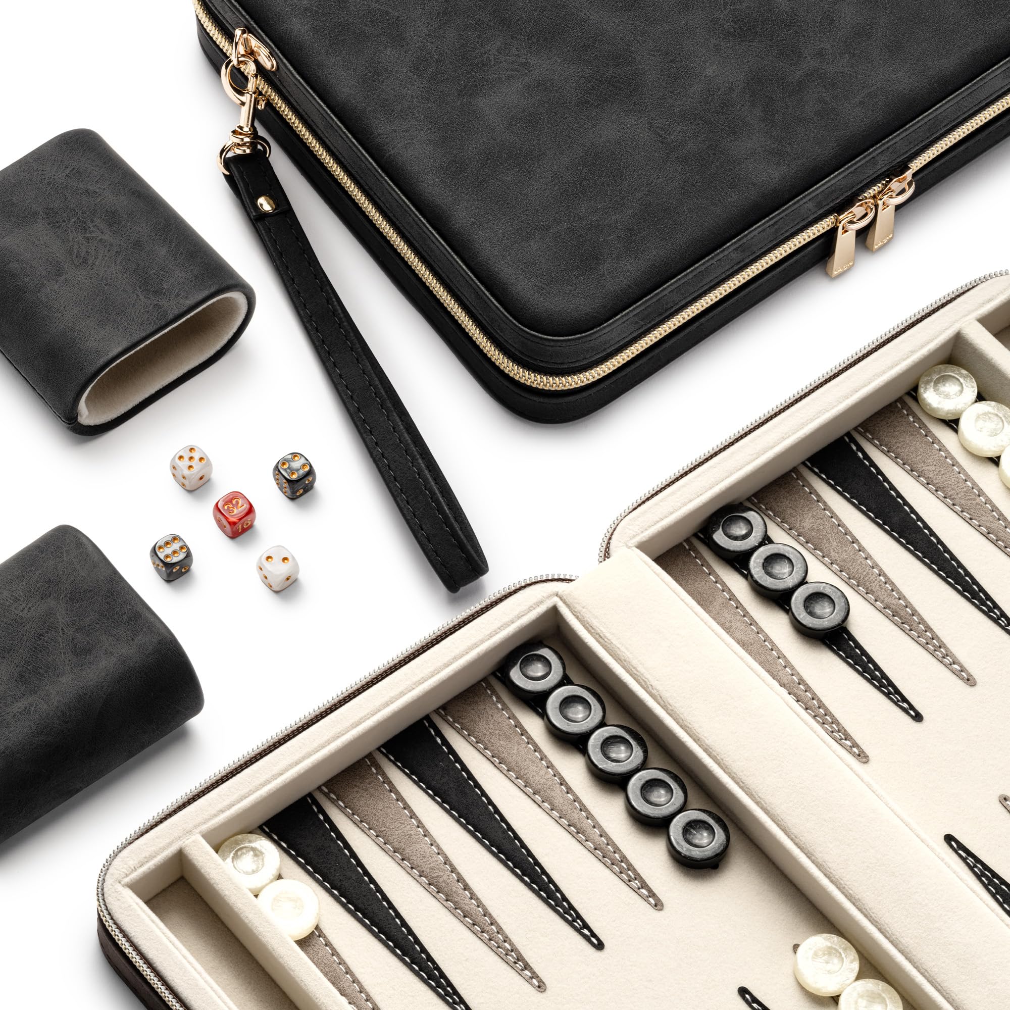 Set di backgammon per adulti e bambini, classica tavola da backgammon con dadi a dama, custodia pieghevole in finta pelle, set da gioco portatile da viaggio (nero)