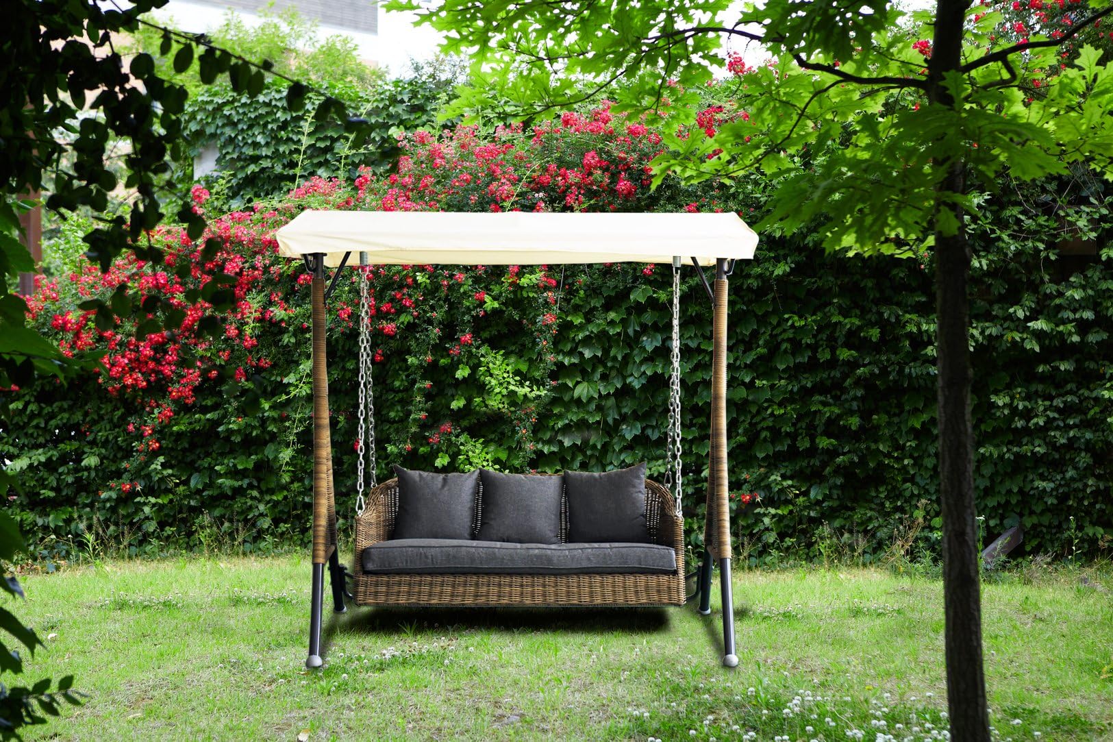 Magari MAG1198V-DP 3-Seater Hanging Patio Lounge Chair Bench Porch Swing with Shade Canopy, Black