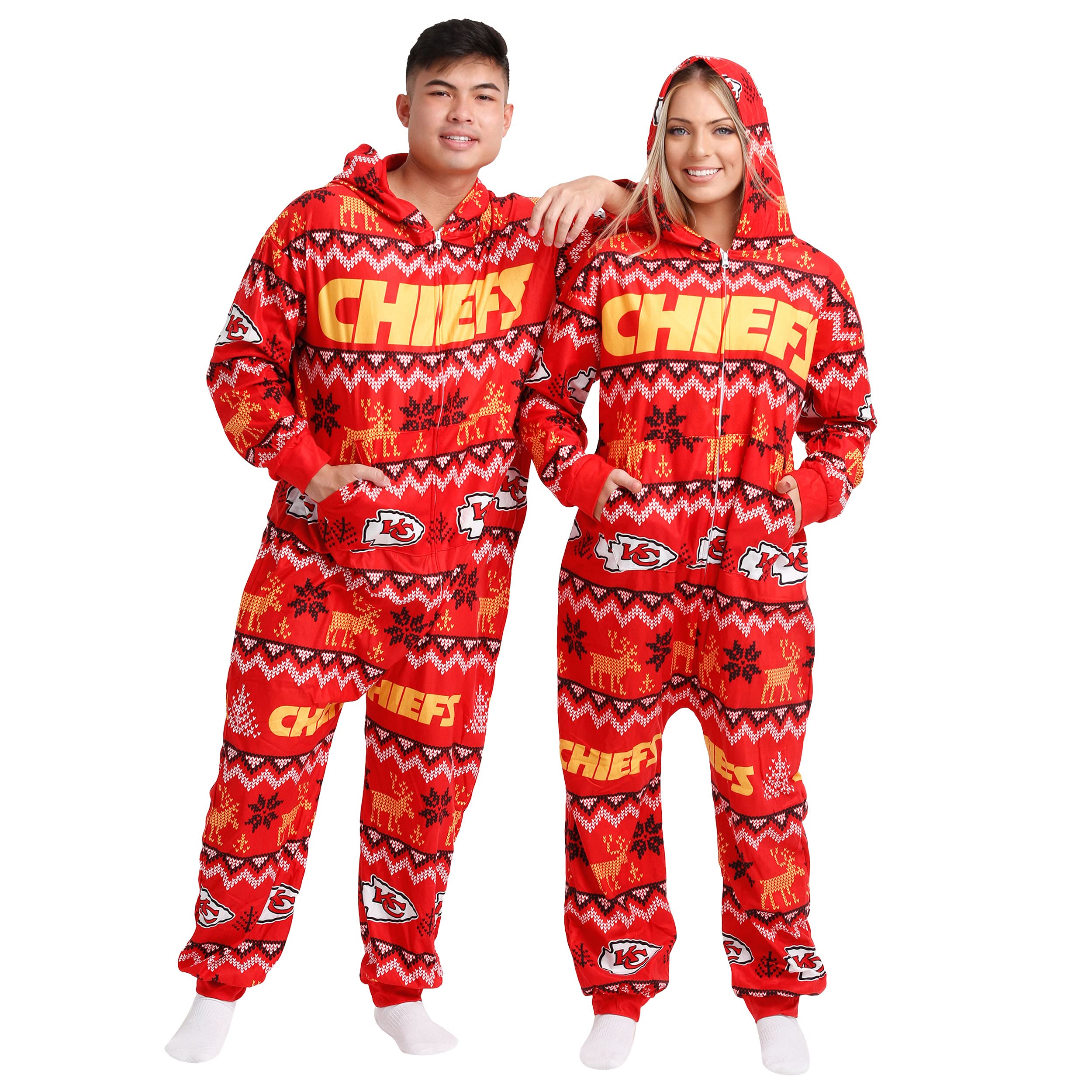 FOCO NFL Unisex-Adult NFL Team Ugly Pattern Matching Holiday Pajamas One Piece Onsie