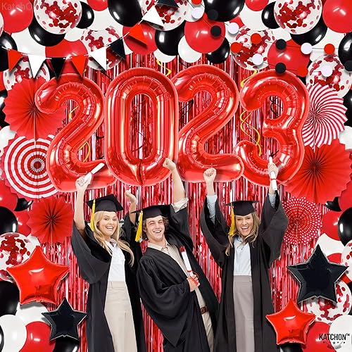 Miniatura 6 de Kit de arco de globo de graduación rojo enorme, paquete grande de 155 cortinas de flecos de papel de aluminio rojo, paquete de 3  Remolinos