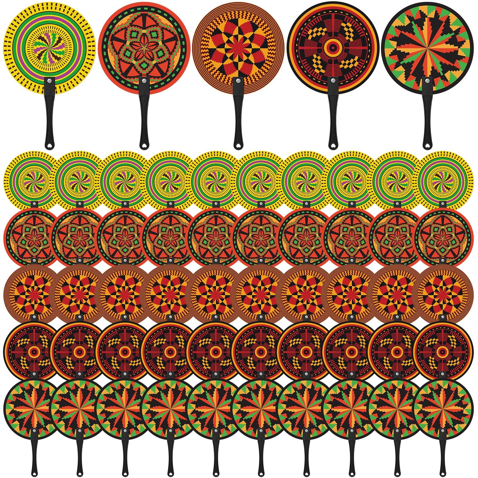 Photo 1 of Roowest 50 Pcs African Plastic Fans 5 Styles African Party Favors Bulk Round Handheld Fans for Women Summer Wedding Birthday Party Gifts Community Supplies