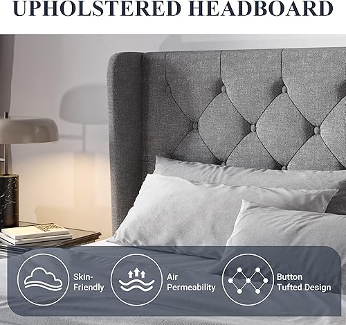 Miniatura 21 de Allewie - Base de cama de tamaño King con cabecera con alas y botones capitoné, tapizada, moderna, soporte de listones de madera maciza, no necesita