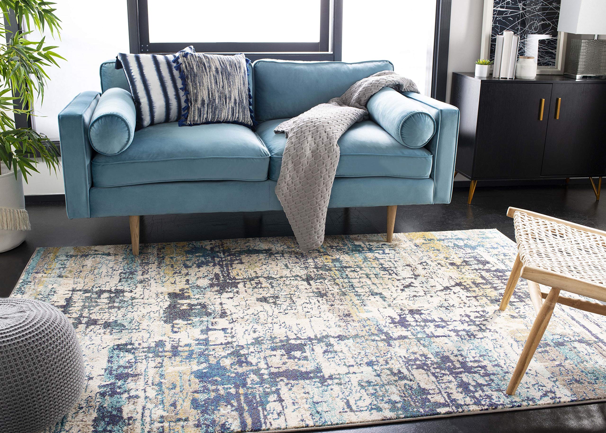 SAFAVIEH Tapis Contemporain pour Salon, Salle à Manger, Chambre à Coucher - Madison Collection, Tapis à Poil Court, Crème et Bleu, 122 X 183 cm