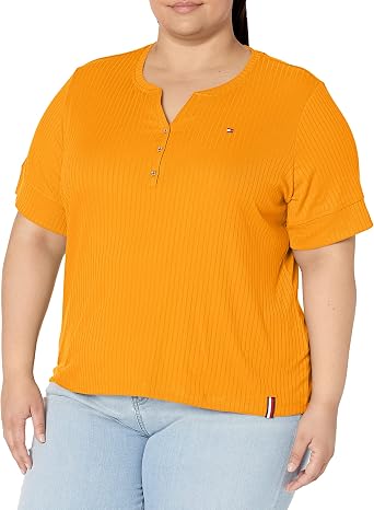 Tommy Hilfiger Womens Classic Ribbed 3/4 Sleeve Henley, Sunflower, 2X