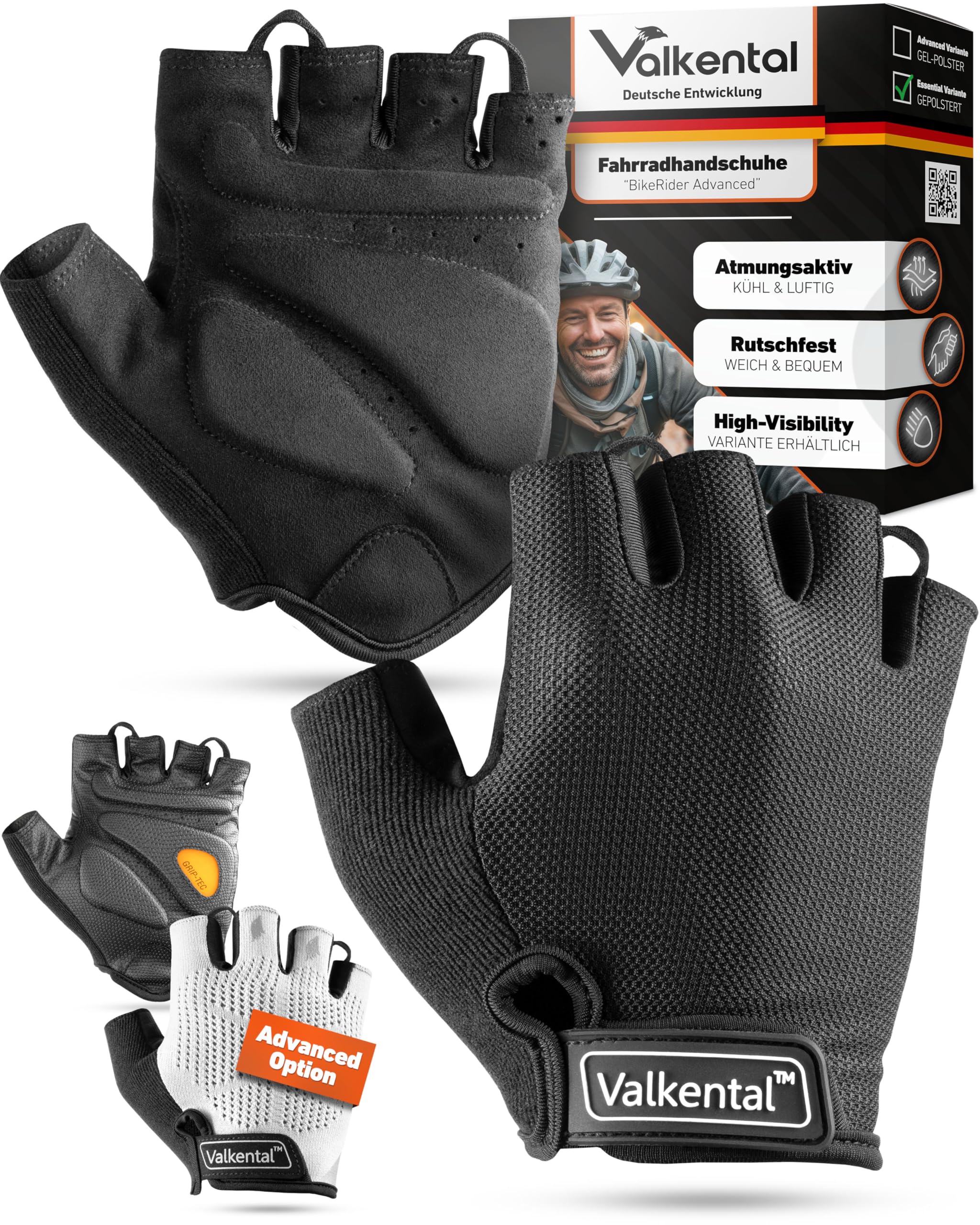 Valkental® - Gepolsterte Fahrradhandschuhe | Weich & Atmungsaktiv | Fahrrad Handschuhe Herren & Damen | Fingerlose Radhandschuhe - MTB/Rennrad/Trekking | Handschuhe Fahrrad Kurz & Leicht
