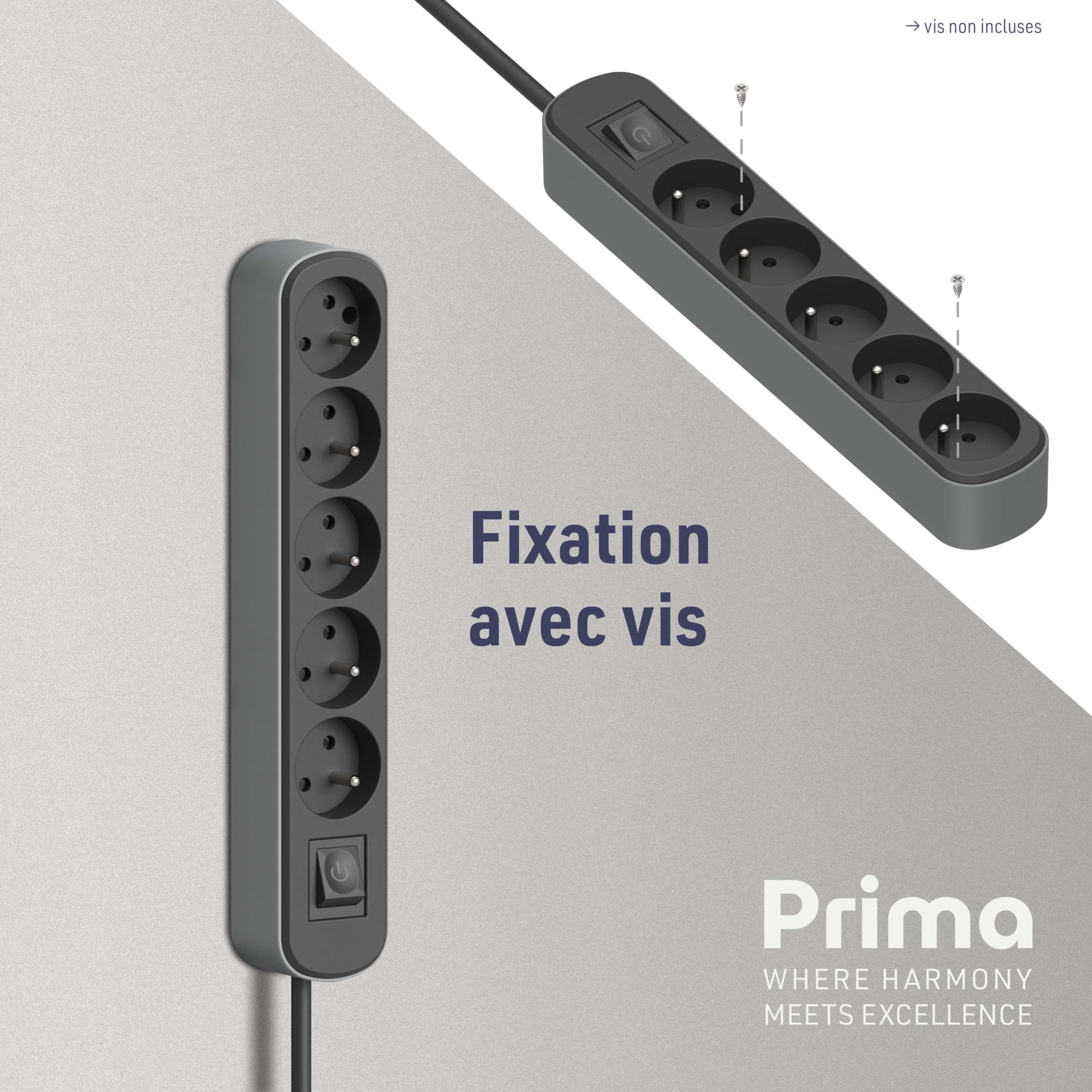 Electraline 32027 Listwa zasilająca Prima 5-gniazdkowa 16A z przełącznikiem, długość 1,5 metra, czarno-szara