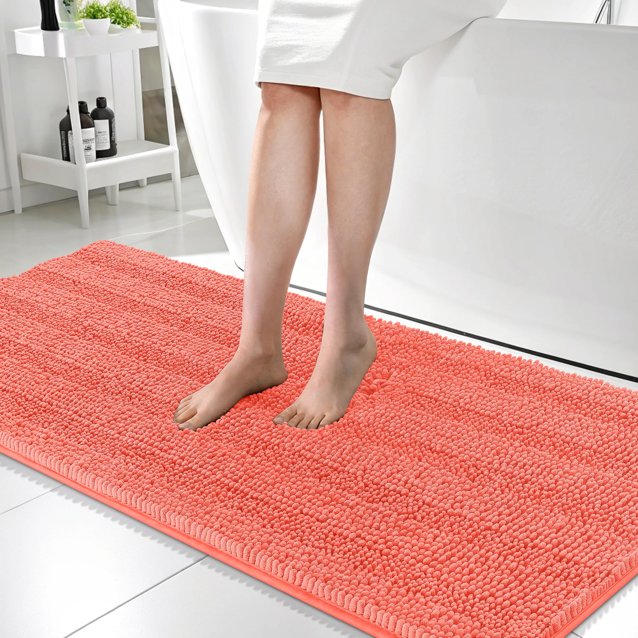 OLANLY Thick Bathroom Runner Rugs 59x24, Chenille Long Bath Rugs, Coral