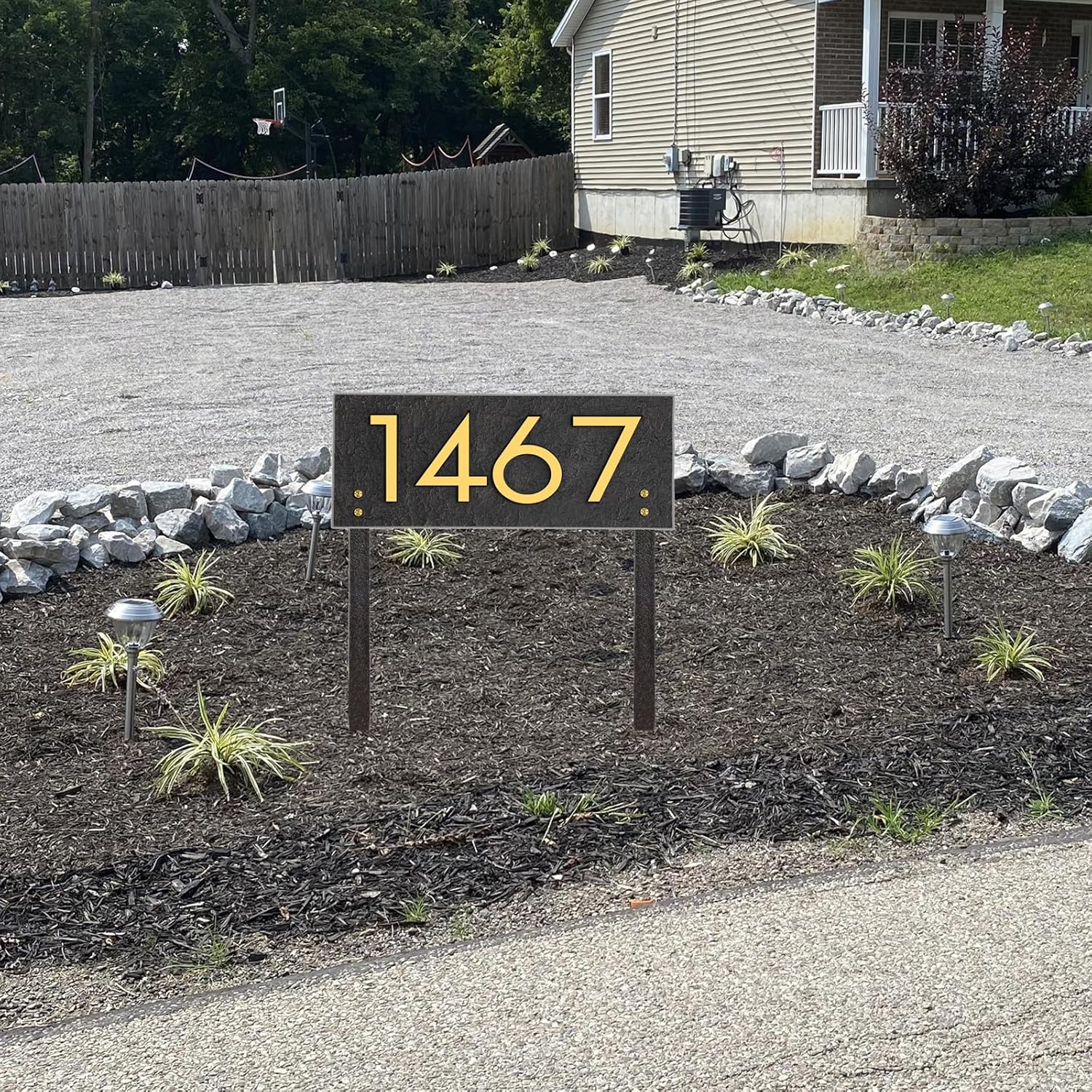 Personalized Address Sign LAWN MOUNTED - House Number Sign,Address Plaque,House Address Numbers for Outside House Lawn Insert,Yard,Ground,Garden,Drive Way Free Standing with Stakes(Golden)
