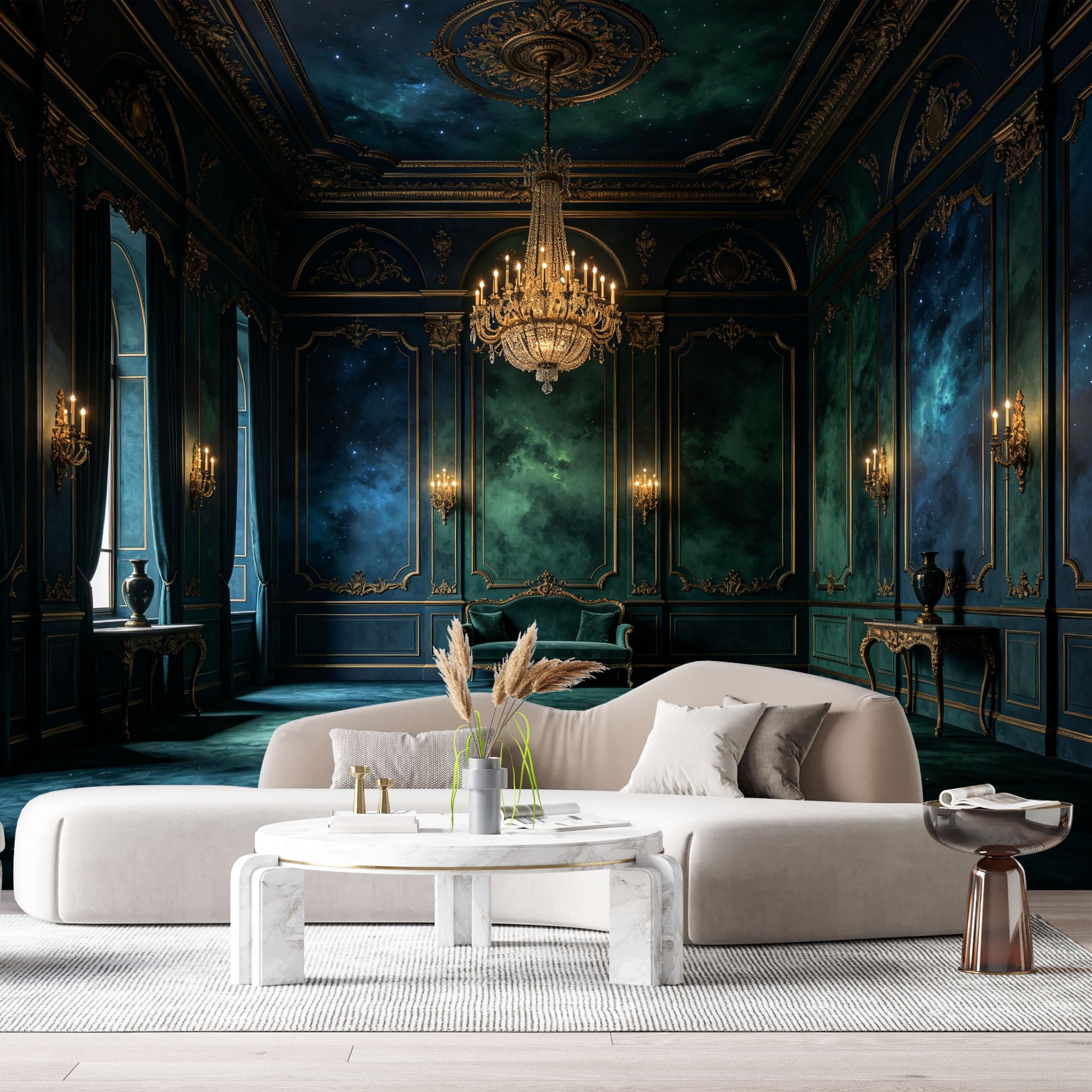 Custom Size Wall Murals Neoclassical Palace Interior Chandelier Night Sky Oil Painting SelfAdhesive Wall Fabric Removable Large Wallpaper for Photo Living Room