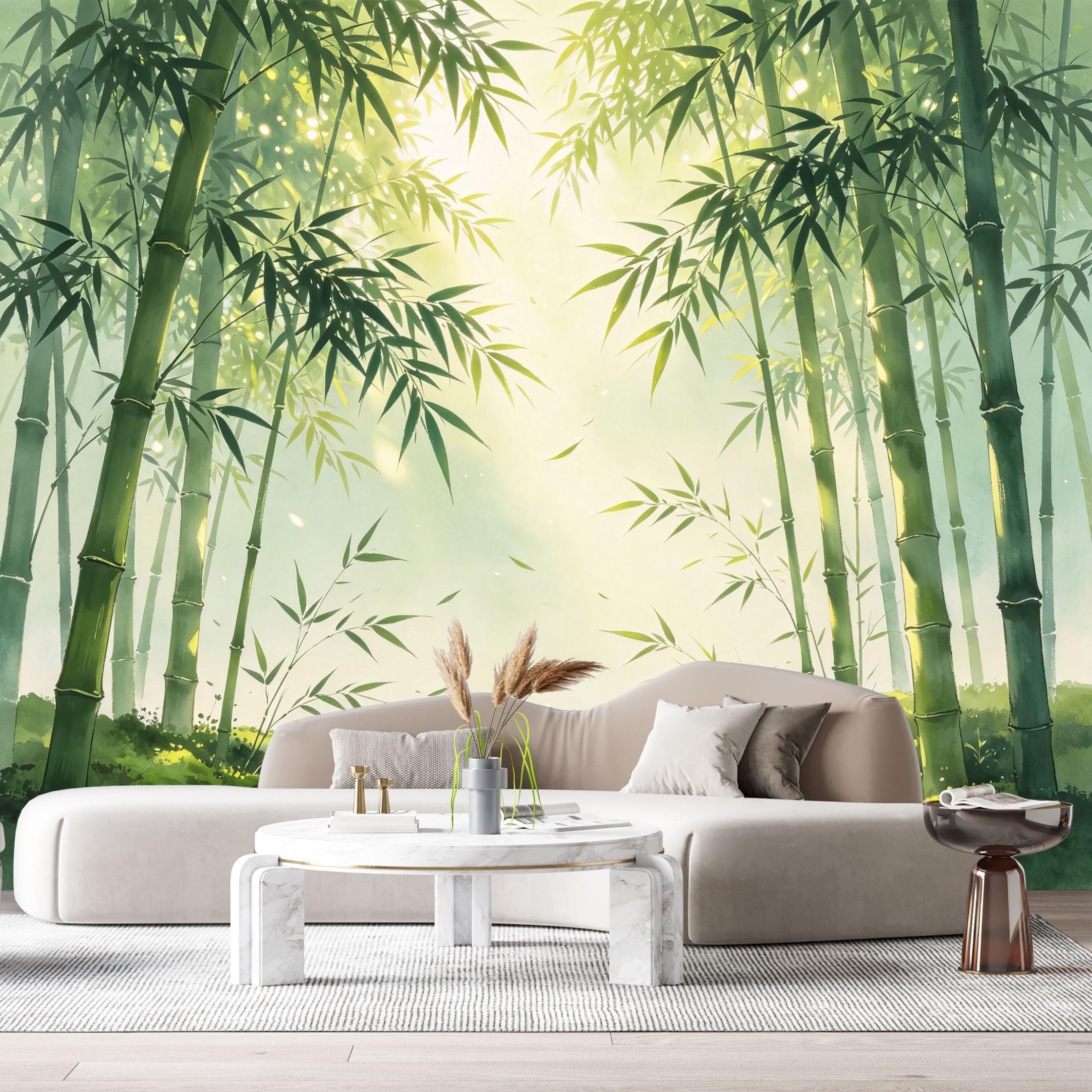 Custom Size Wall Murals Bamboo Forest Botanical Watercolor Green Leaves Sunlight Nature Scene SelfAdhesive Wall Fabric Removable Large Wallpaper for Photo Living Room