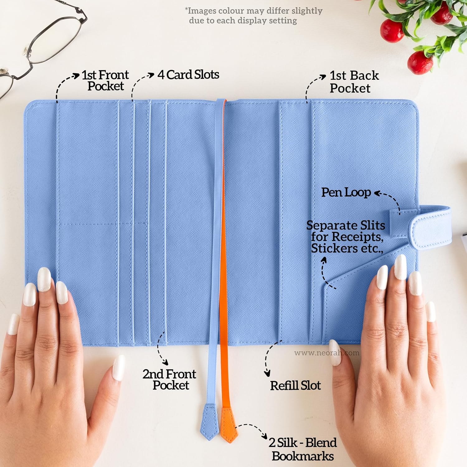 NEORAH — B6 Notebook SLEEVE with Loop + Dotgrid JOURNAL | Faux Leather Sleeve + Penloop | 2 Front 1 Back compartment | 6 Card Slots – LIGHT BLUE