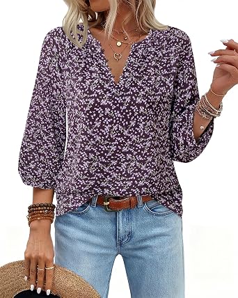 VALOLIA Womens 3/4 Sleeve Blouses Button Down Shirt Business V Neck Casual Clothing Blouses Dressy Casual Chiffon Tops
