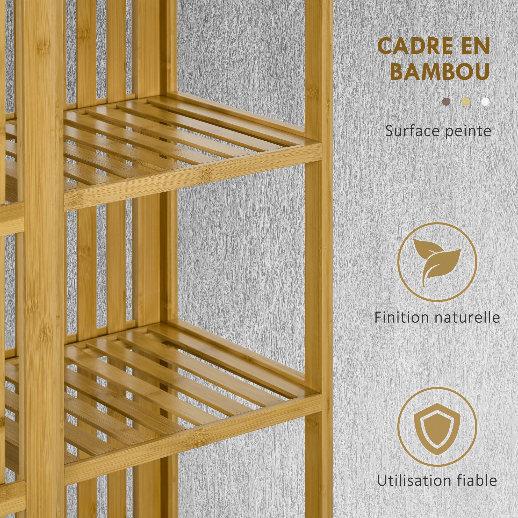 HOMCOM Armoire penderie en Bambou Armoire de Rangement avec 2 Portes coulissantes, étagères Ouvertes et Tringle pour la Chambre à Coucher, 145 x 35 x 165cm, Finition Bois Naturel