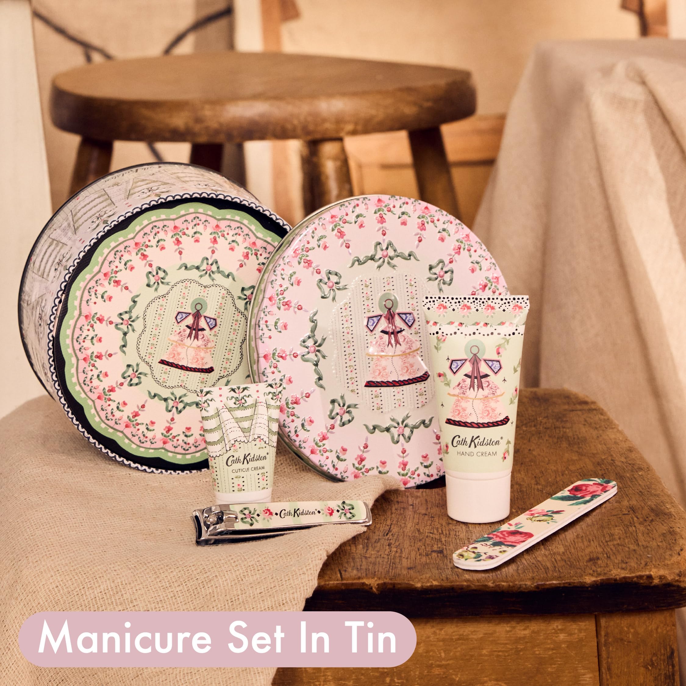 Cath Kidston Hand Cream 30ml, Cuticle Cream 15ml, Emery Board and Nail Clippers in Tin, Manicure Set, Shea Butter - Image 2