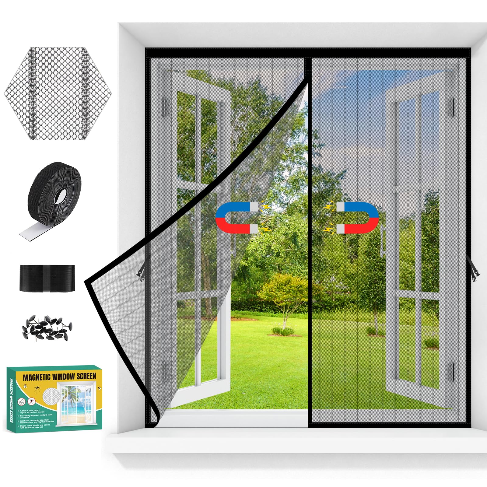Fliegengitter Fenster Magnet, Insektenschutz für Fenster mit Klettband, Mückenschutz Magnetisch Ohne Bohren, Moskitonetz Mückennetz Fliegennetz, Mosquito Net Window mit Rahmen (Schwarz, 100x120cm)