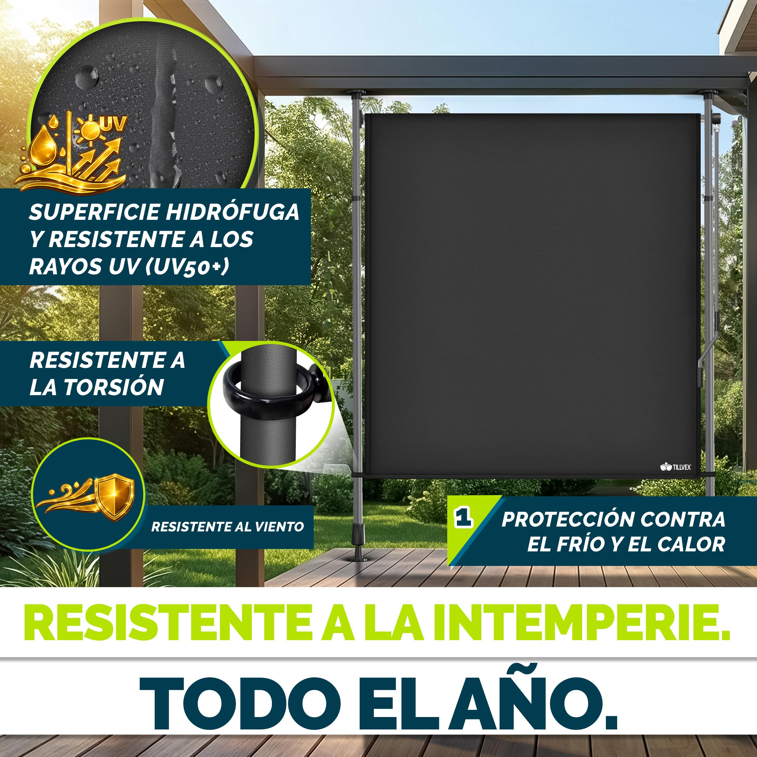 Tillvex® Toldo vertical antracita con manivela, protección visual extensible y opaca, 100 x 310 cm, para balcón, terraza, jardín