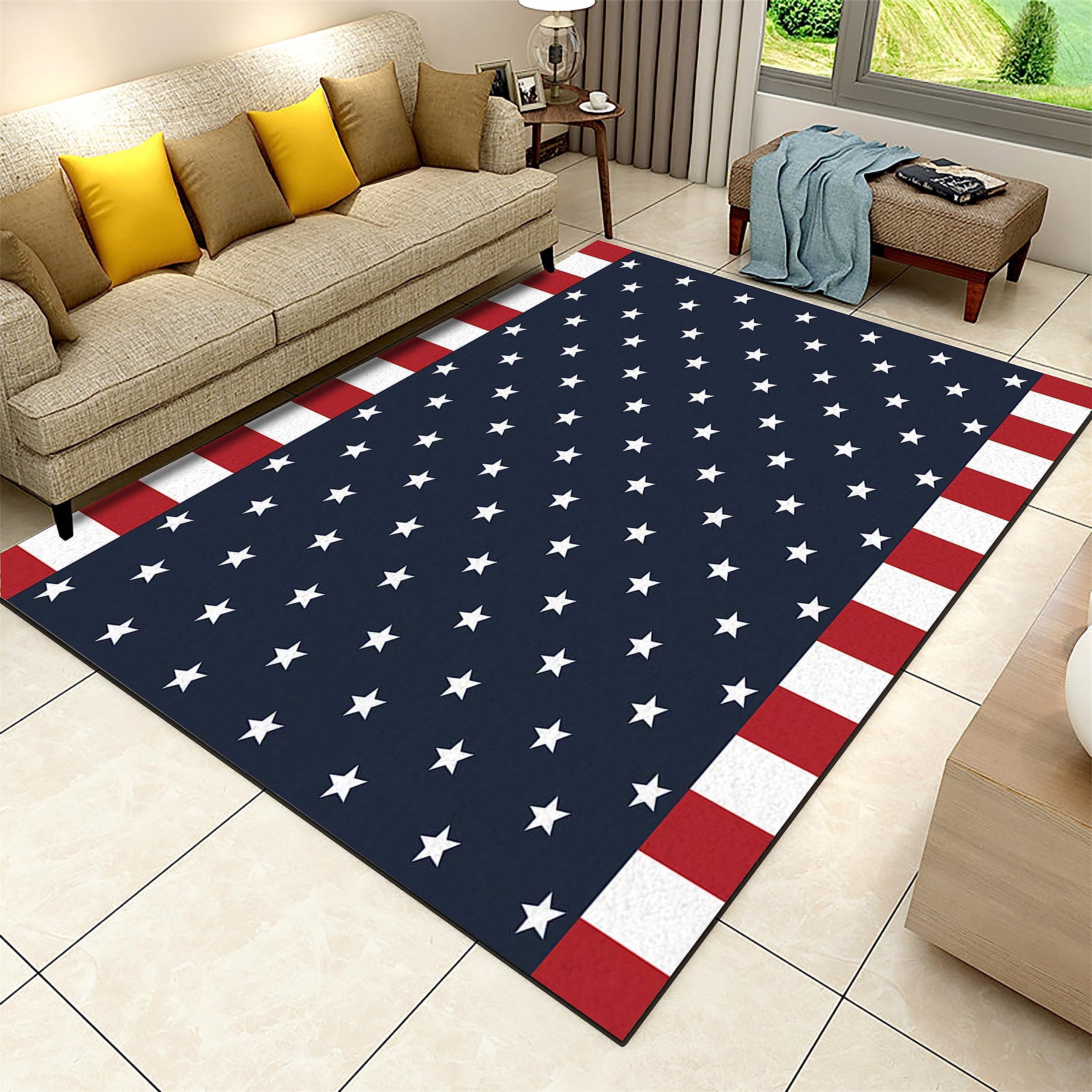 Retro Blue Stars and Stripes Area Rug, American Flag Living Room Rugs, Indoor Non-Slip Kids Rugs, Machine Washable Breathable Durable Carpet for Front