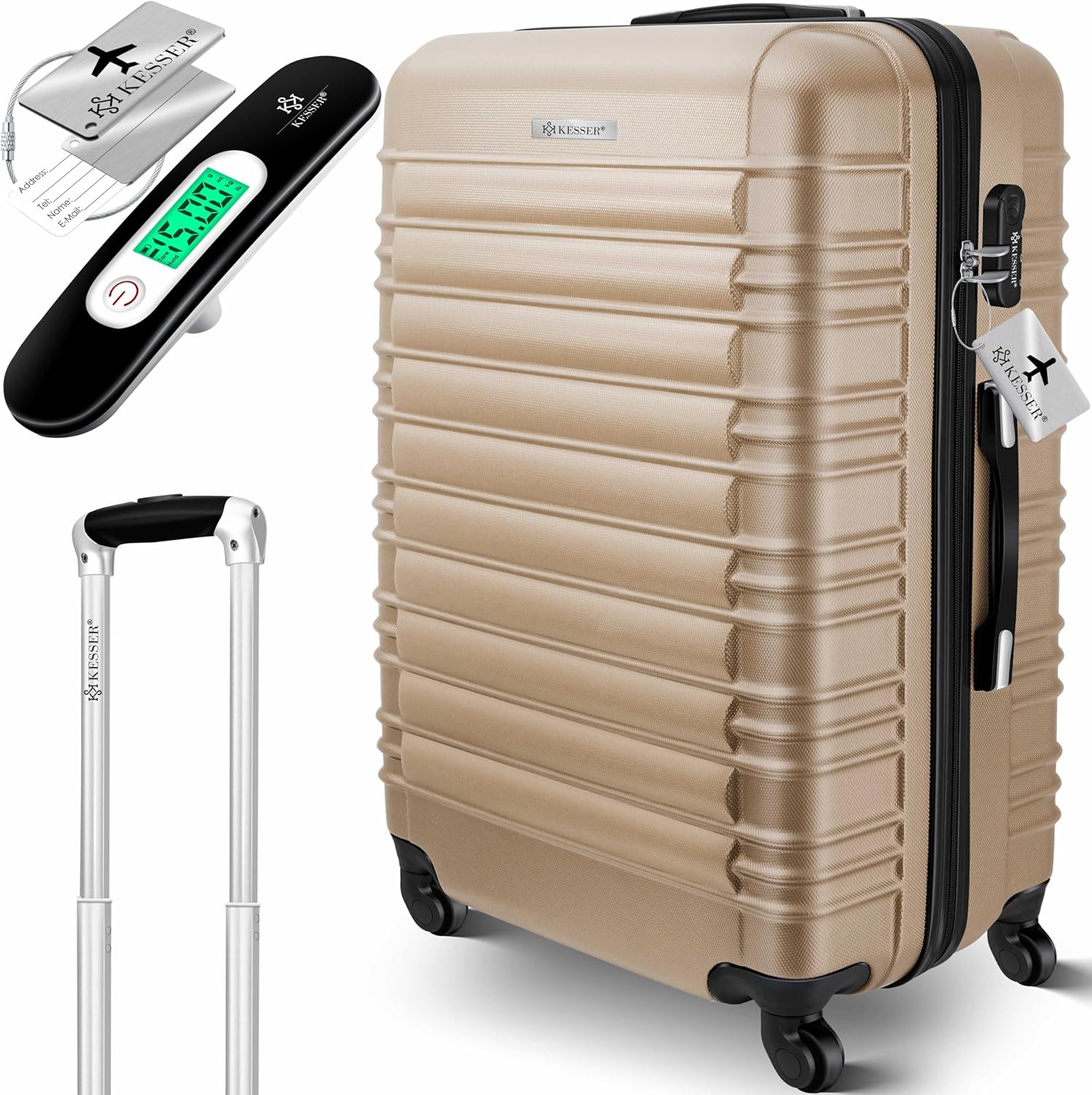 KESSER® Hard Travel Suitcase with Luggage Scales + Luggage Tag Trolley Suitcase Trolley Suitcase on Wheels Suitcase Combination Suitcase 4 Wheels ABS Rigid Telescopic Handle, champagne KESSER® Hard Travel Suitcase with Luggage Scales + Luggage Tag Trolley Suitcase Trolley Suitcase on Wheels Suitcase Combination Suitcase 4 Wheels ABS Rigid Telescopic Handle, champagne