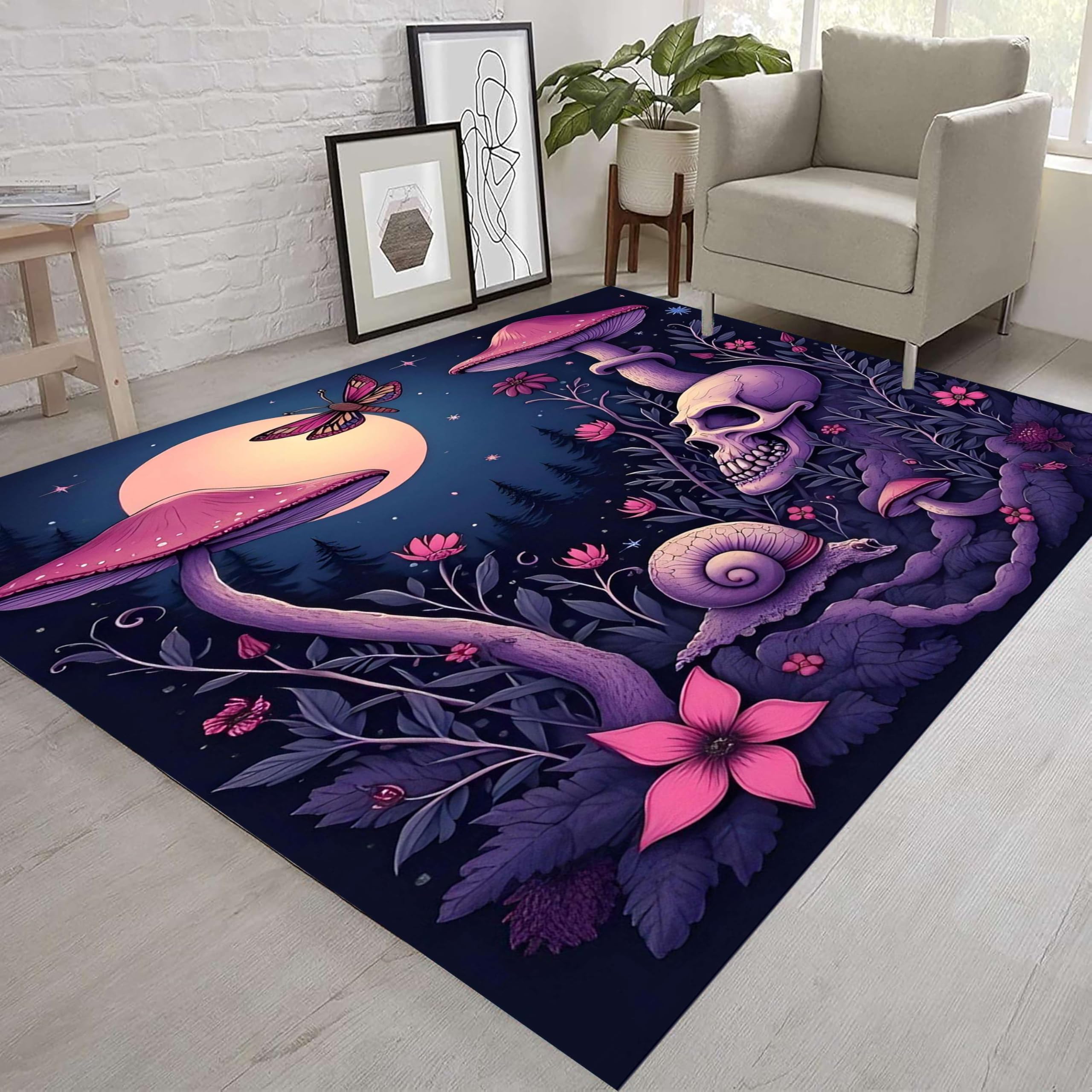 Kuluoits Horror Skull Rug, 180x230cm, Moon Moth Snail Mushroom Pattern Non-Slip Breathable Rugs, Washable Witchcraft Carpet With Non-Slip Backing, Carpet for Entrance Hallway Living Room Doormat