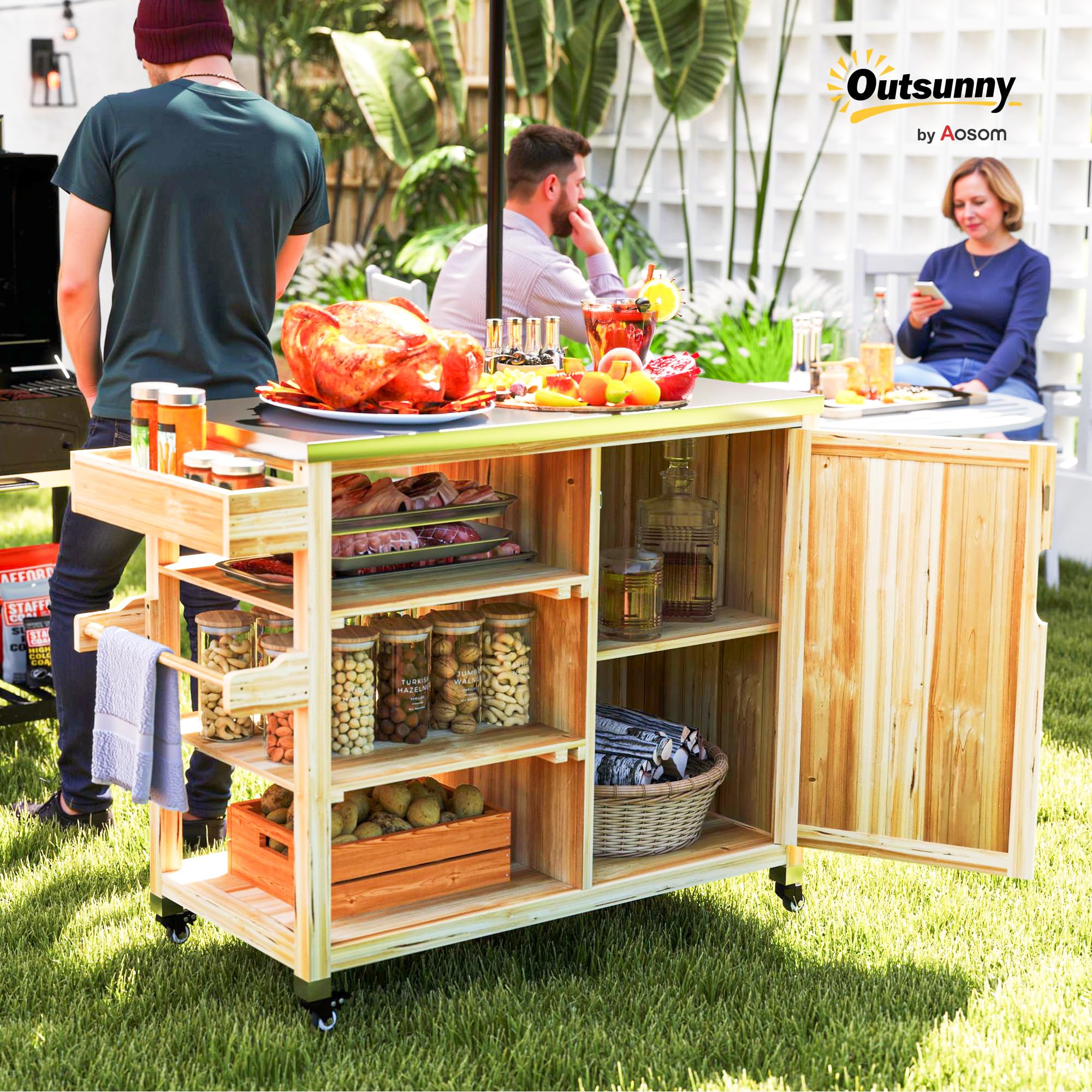 Outsunny Grillwagen 6-Etagen Servierwagen mit Arbeitsfläche Handtuchregal, BBQ Grilltisch aus Holz, Grill Beistelltisch, Outdoor Trolley, Holzkohlegrill für Garten, Terrasse 134,5x50x91,5cm Naturholz