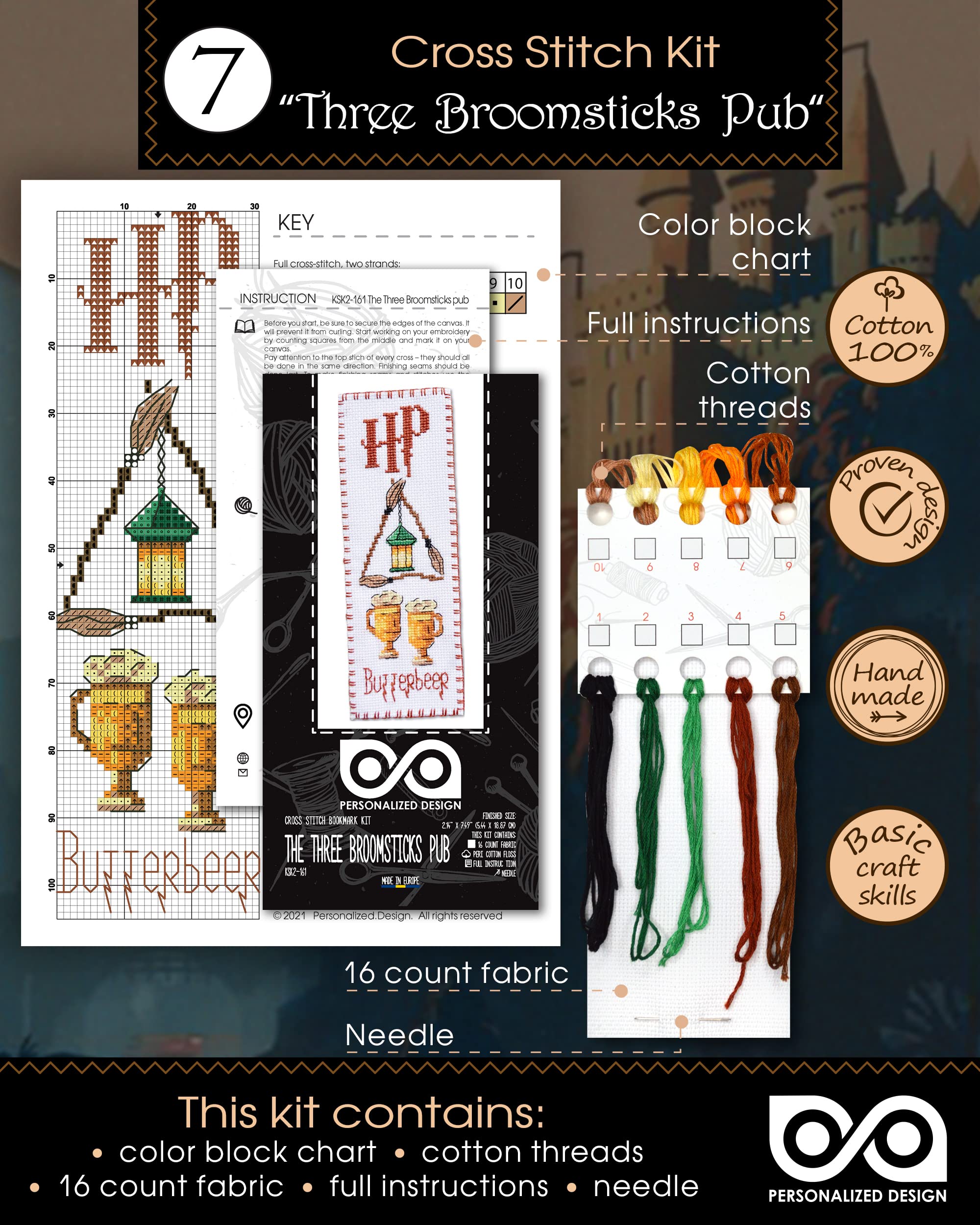 Personalized.Design Kit punto croce contato Magic World of Wizards – Segnalibri 7 in 1 fai da te ricamati a mano