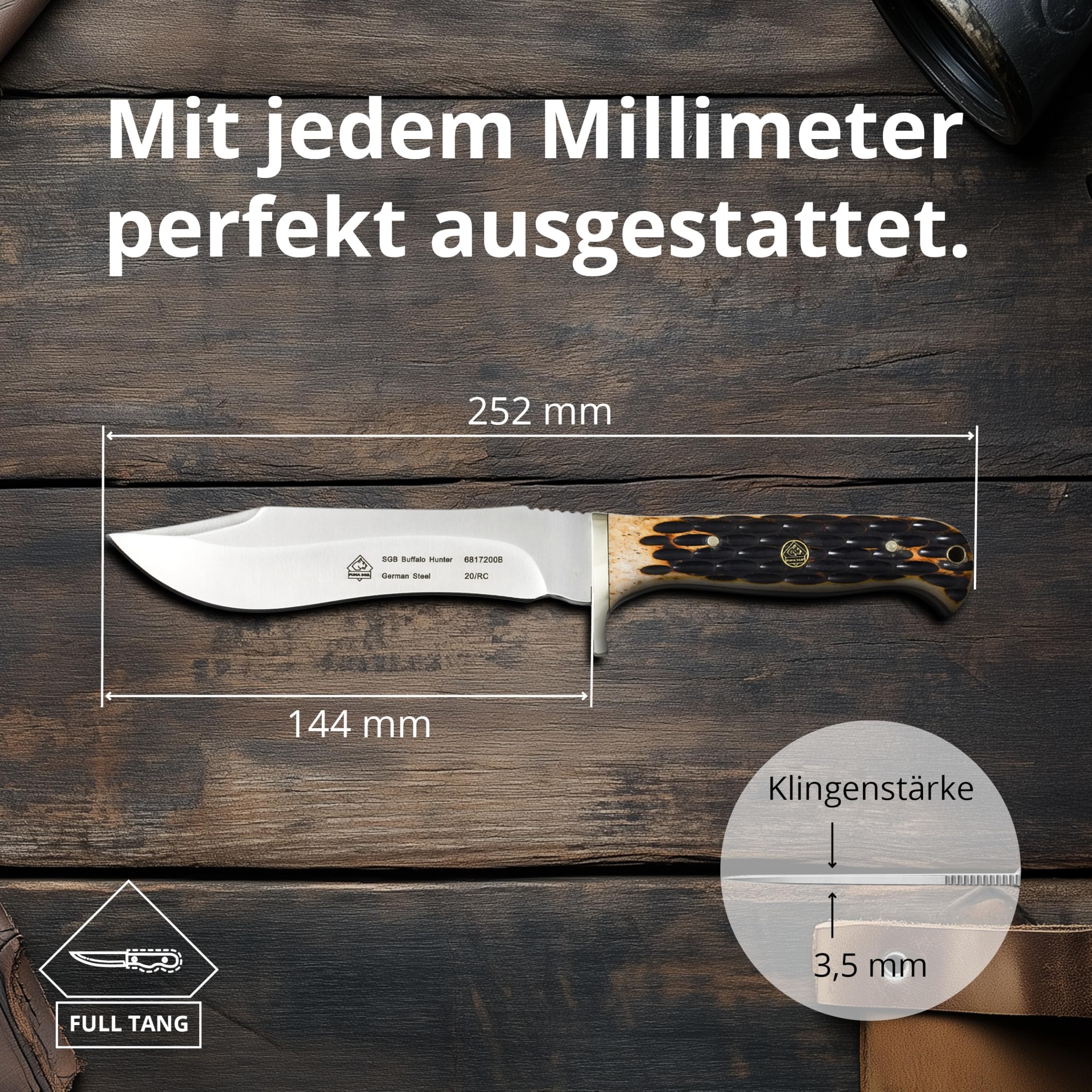 Puma SGB – Buffalo Hunter - Griffschalen aus Jigged Bone - Full-Tang Jagdmesser - 144mm Clip-Point Klinge aus deutschem Stahl (1.4116, 55-57 HRC) - Inklusive Lederscheide (Art.Nr.: 6817200B)