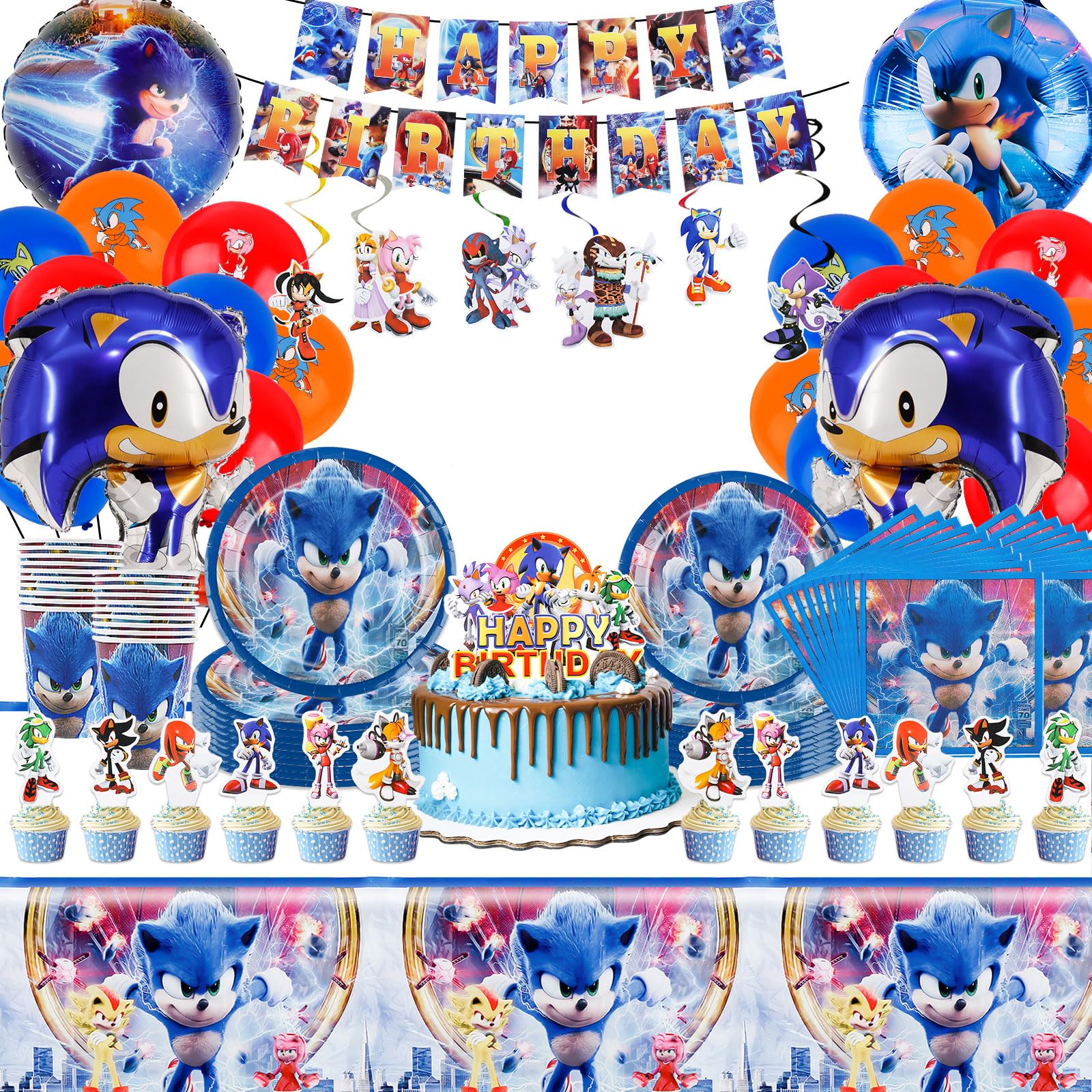 Pappteller Kindergeburtstag, 105 Stück Partygeschirr Geburtstagsdeko Cartoon Birthday Banner Luftballon Party Geschirrset Pappteller Becher Servietten Tischdecke Kuchen Deko Kinder