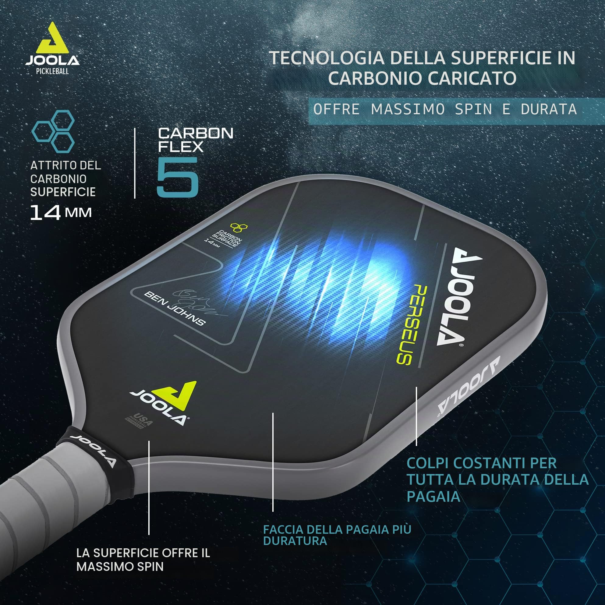 JOOLA Racchetta Pickleball Ben Johns Perseus CFS - Pagaia Professionale in Carbonio, certificata USAPA