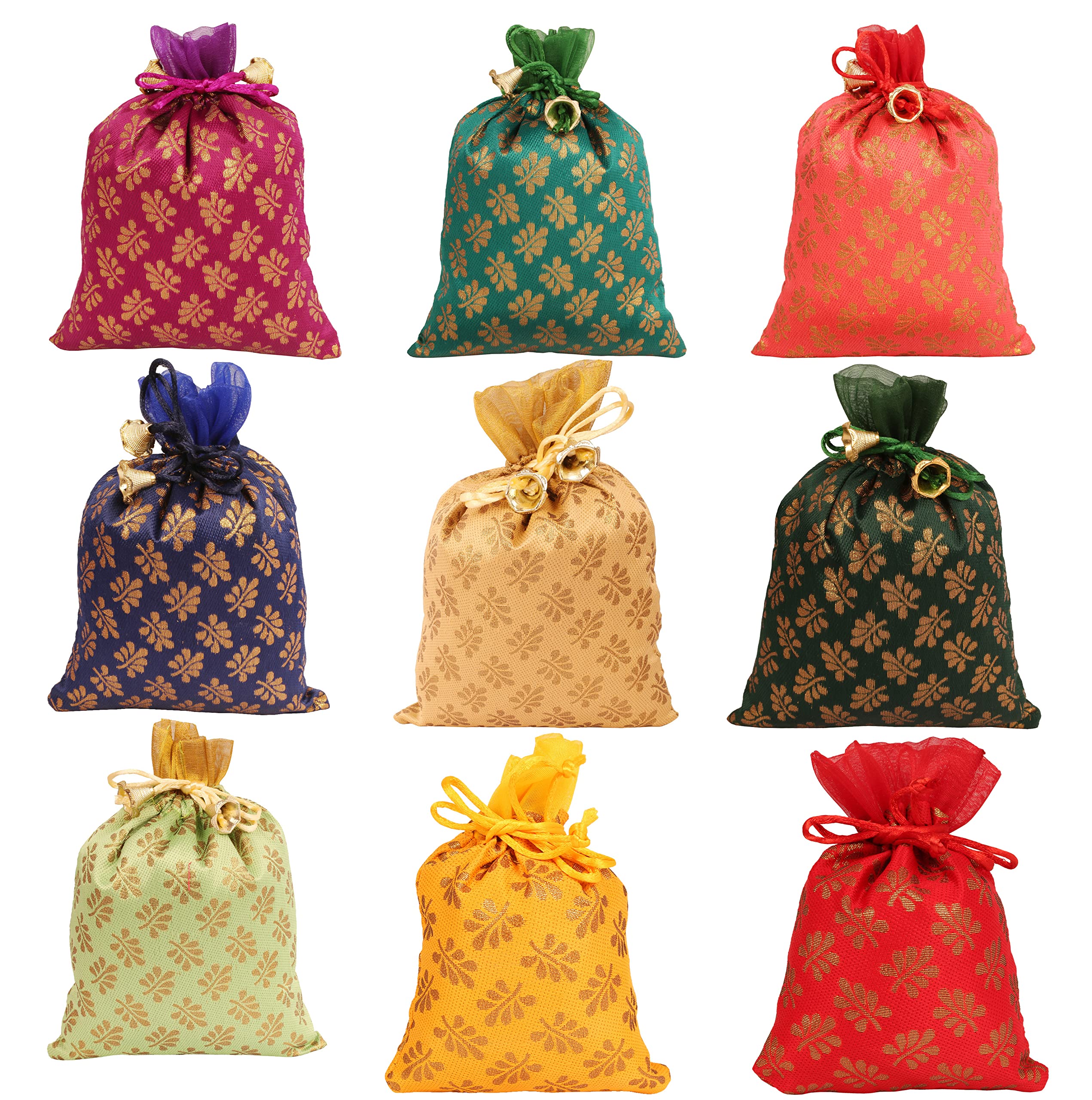 Touchstone Drawstring Bags Traditional Indian Handcrafted in Mimosa leaf Pattern Brocade fabric. Perfect for Gifts Jewelry Weddings Sweet Distribution Set of 9 Vibrant Multicolor Pouches Purses Potli