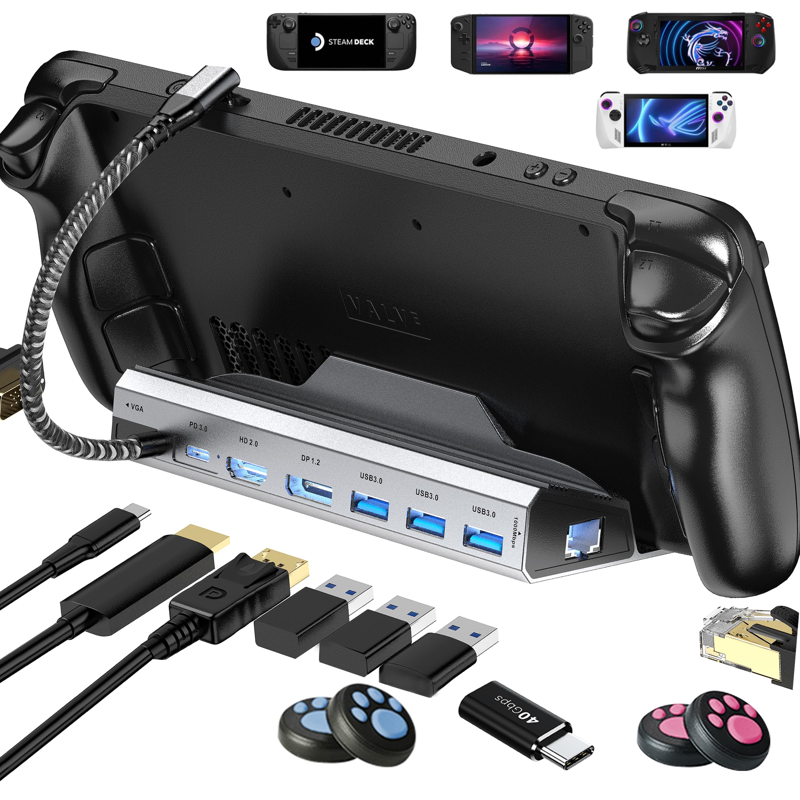 Stacja dokująca z koncentratorem USB do 3 monitorów z 4K @ 60 Hz VGA, DP1.2, 2 porty USB3.0, 1000 Mb/s, USB-C 100 W PD, akcesoria VGA do Valve/Rog Ally/Switch/Legion Go