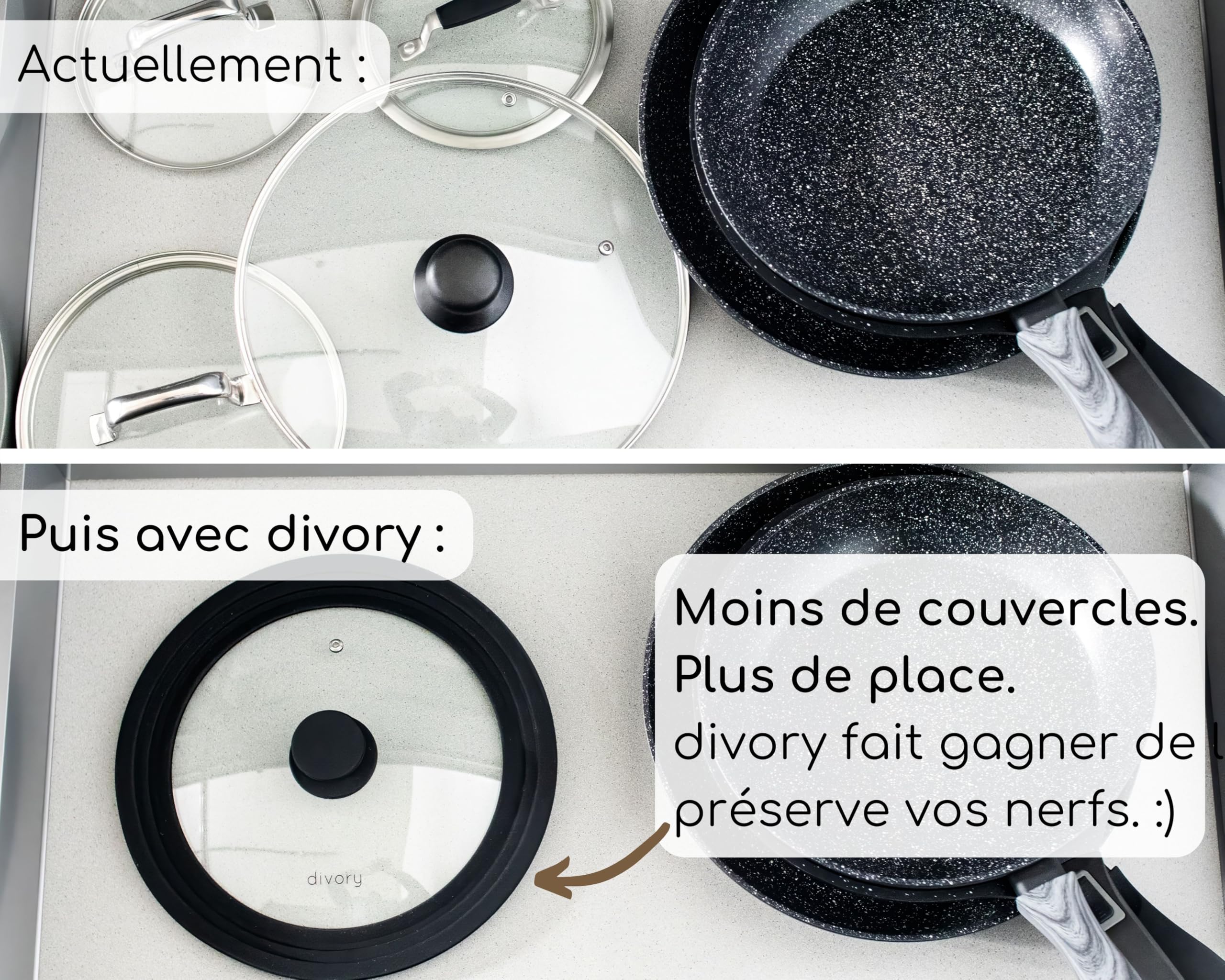 DIVORY Ø 24, 26, 28 cm Couvercle Universel - couvercle pour casserole et poele - couvercles pour casseroles et poêles - Silicona para ahorrar espacio