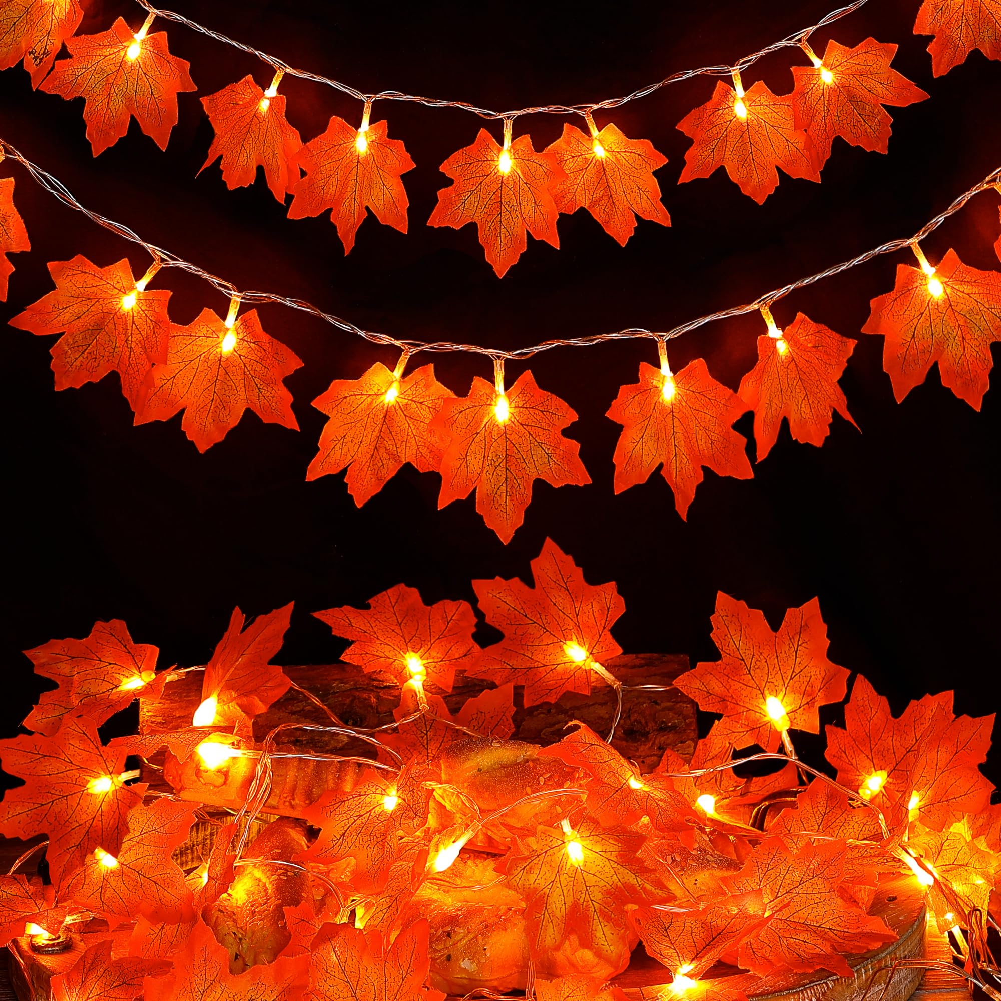 BEEWIN 2 Pack Fall Decorations for Home,Fall Lights Battery Operated,Total 20FT 40 Led Maple Leaf Garland with Lights String for Halloween Thanksgiving Autumn Harvest Friendsgiving Indoor Outdoor